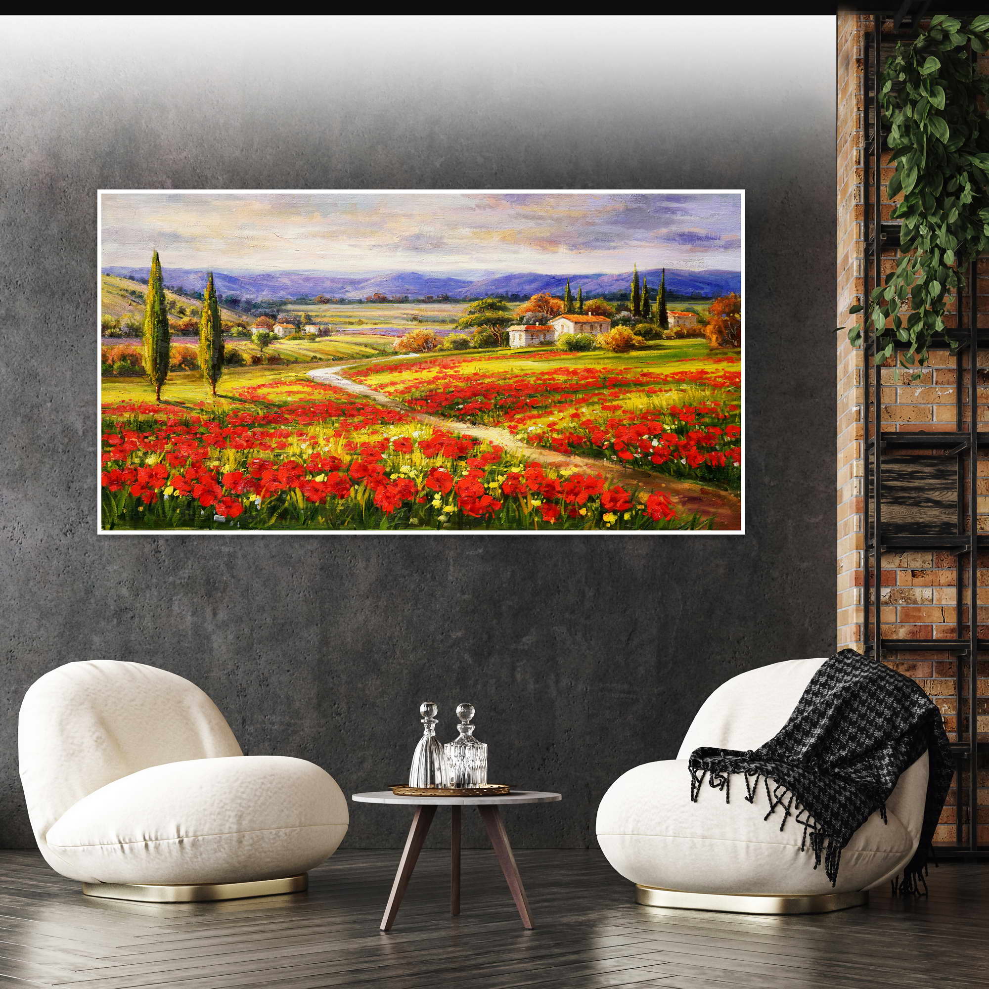 Hand painted Tuscan landscape poppy field 75x150cm