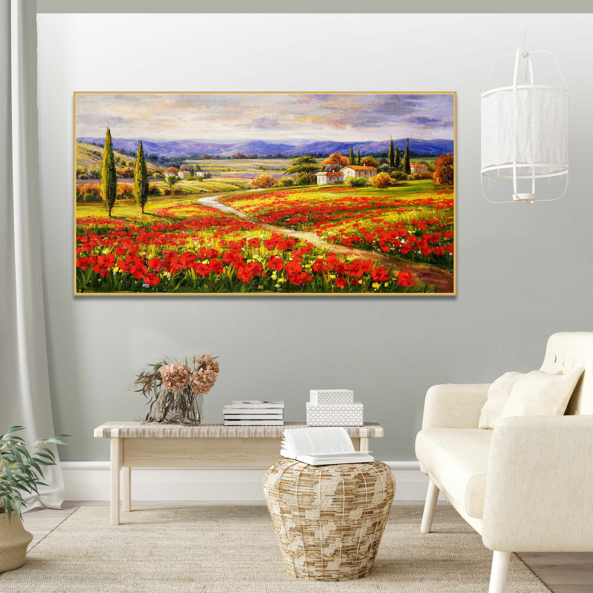 Champ de coquelicots paysage toscan peint à la main 75x150cm