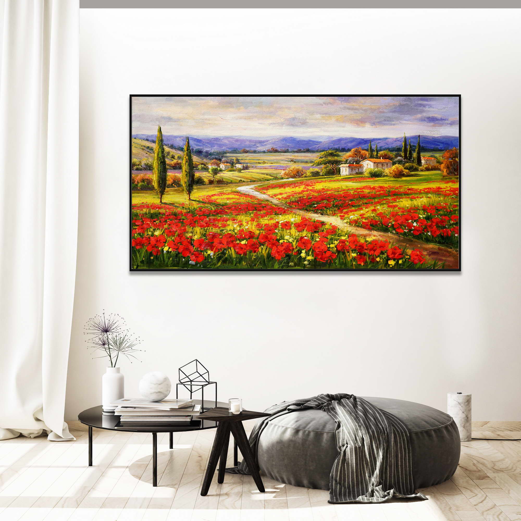 Champ de coquelicots paysage toscan peint à la main 75x150cm