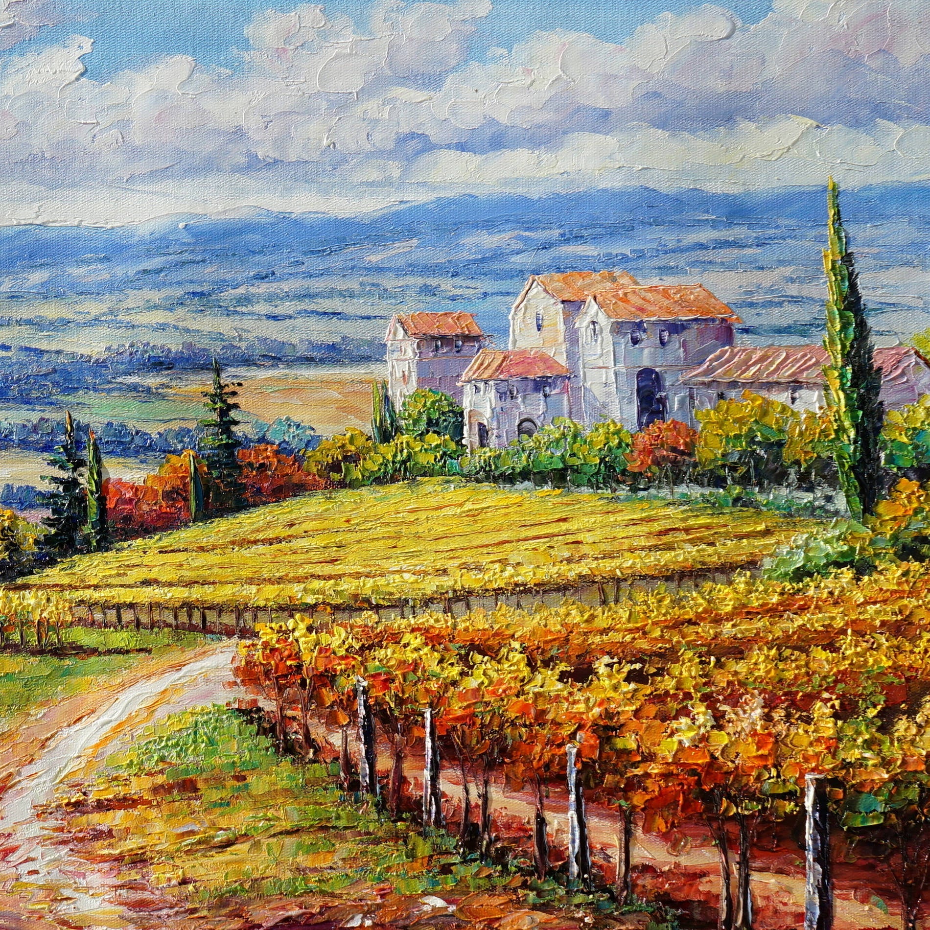 Dipinto paesaggio toscano con casa colonica e vigne