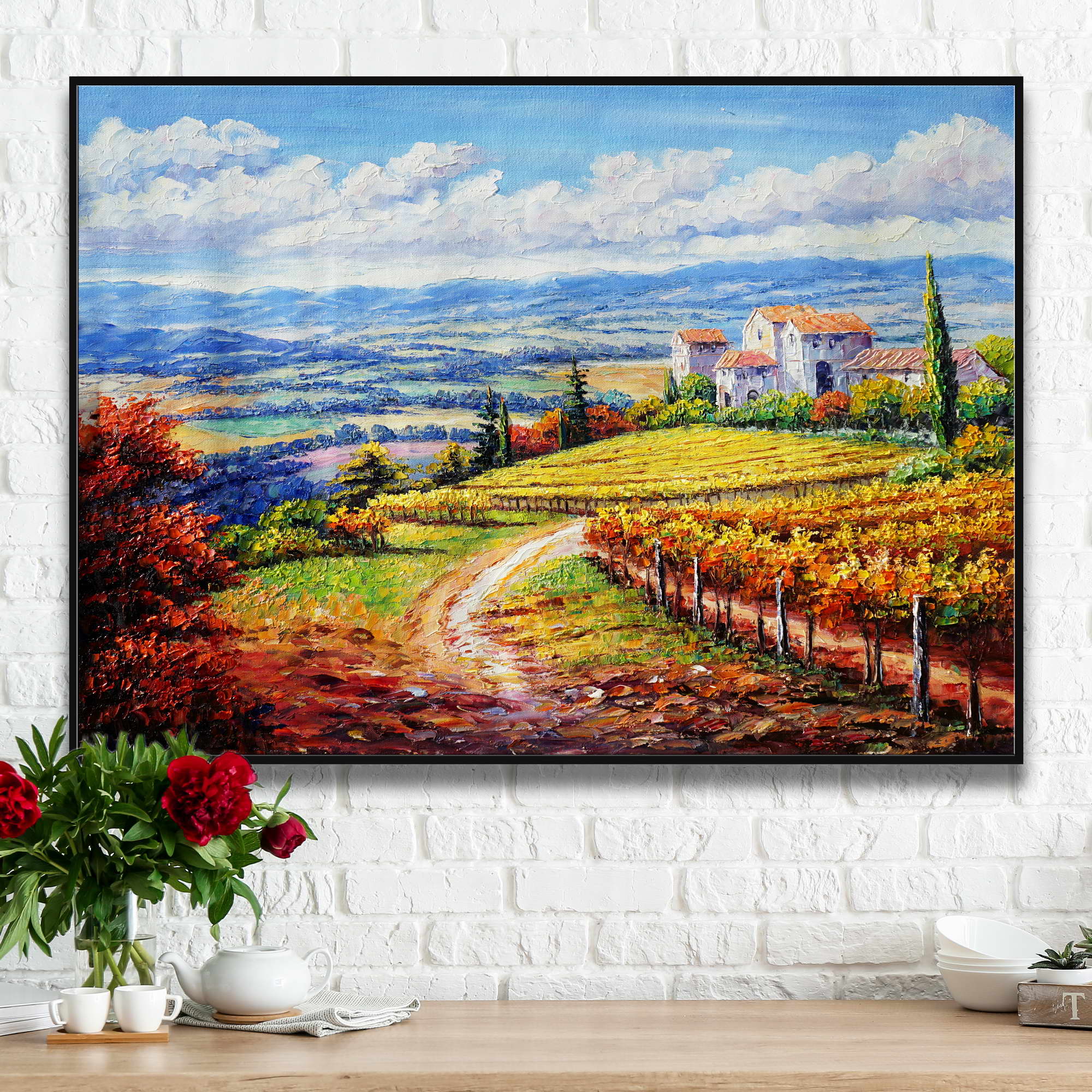 Dipinto paesaggio toscano con casa colonica e vigne