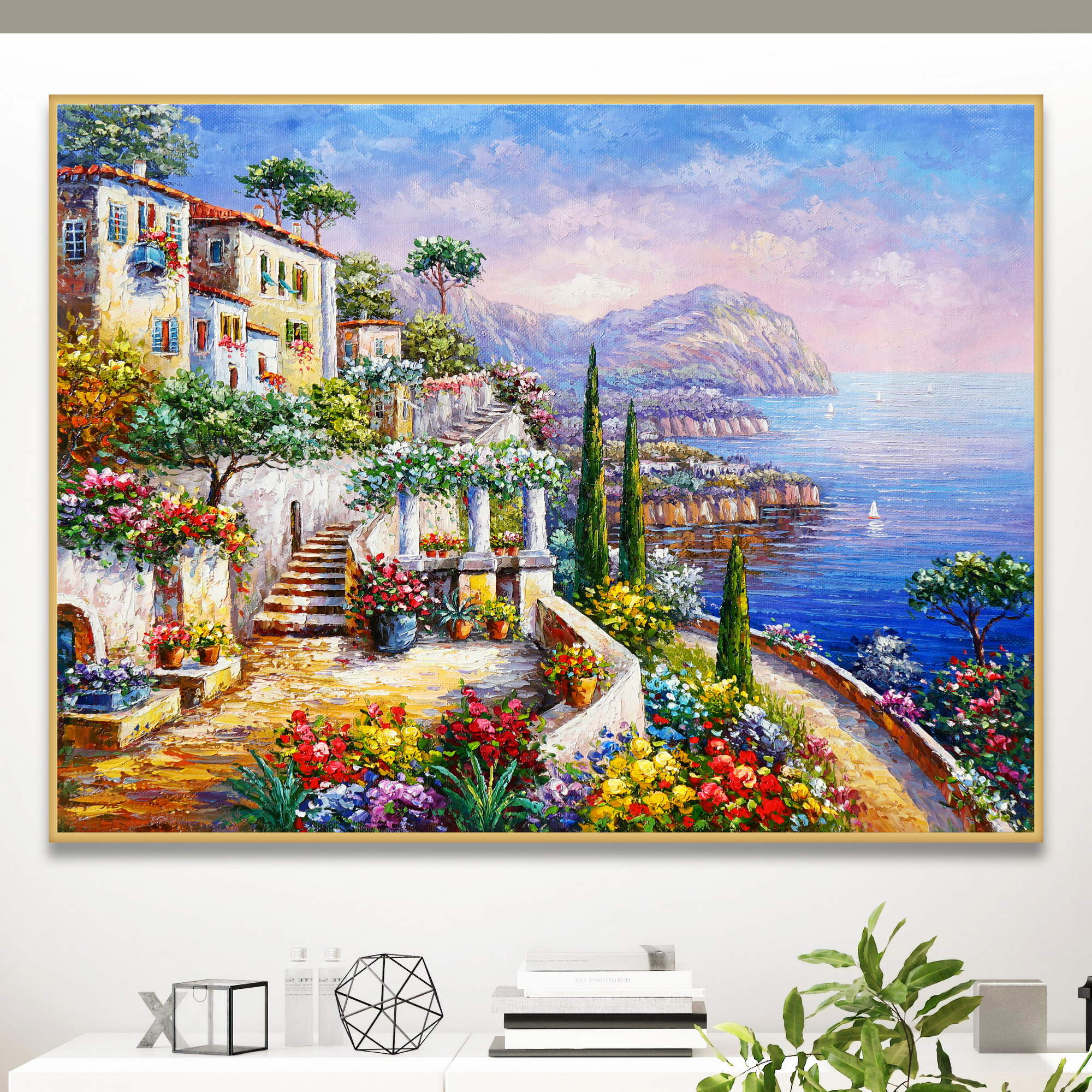 Quadro colorato con vista sul Mare Mediterraneo, case e terrazza fiorita.