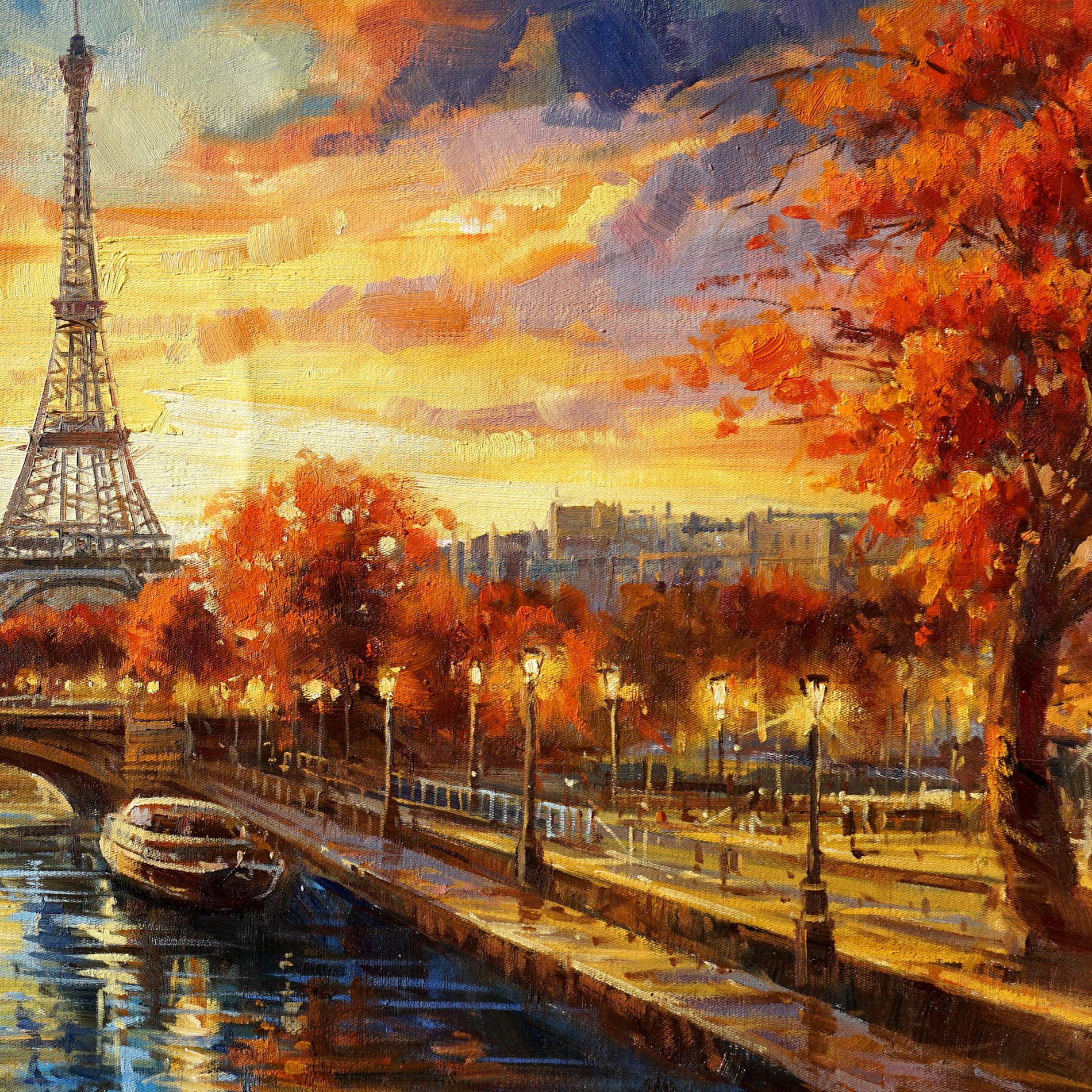 Hand painted Paris Autumn Seine Eiffel Tower 60x120cm