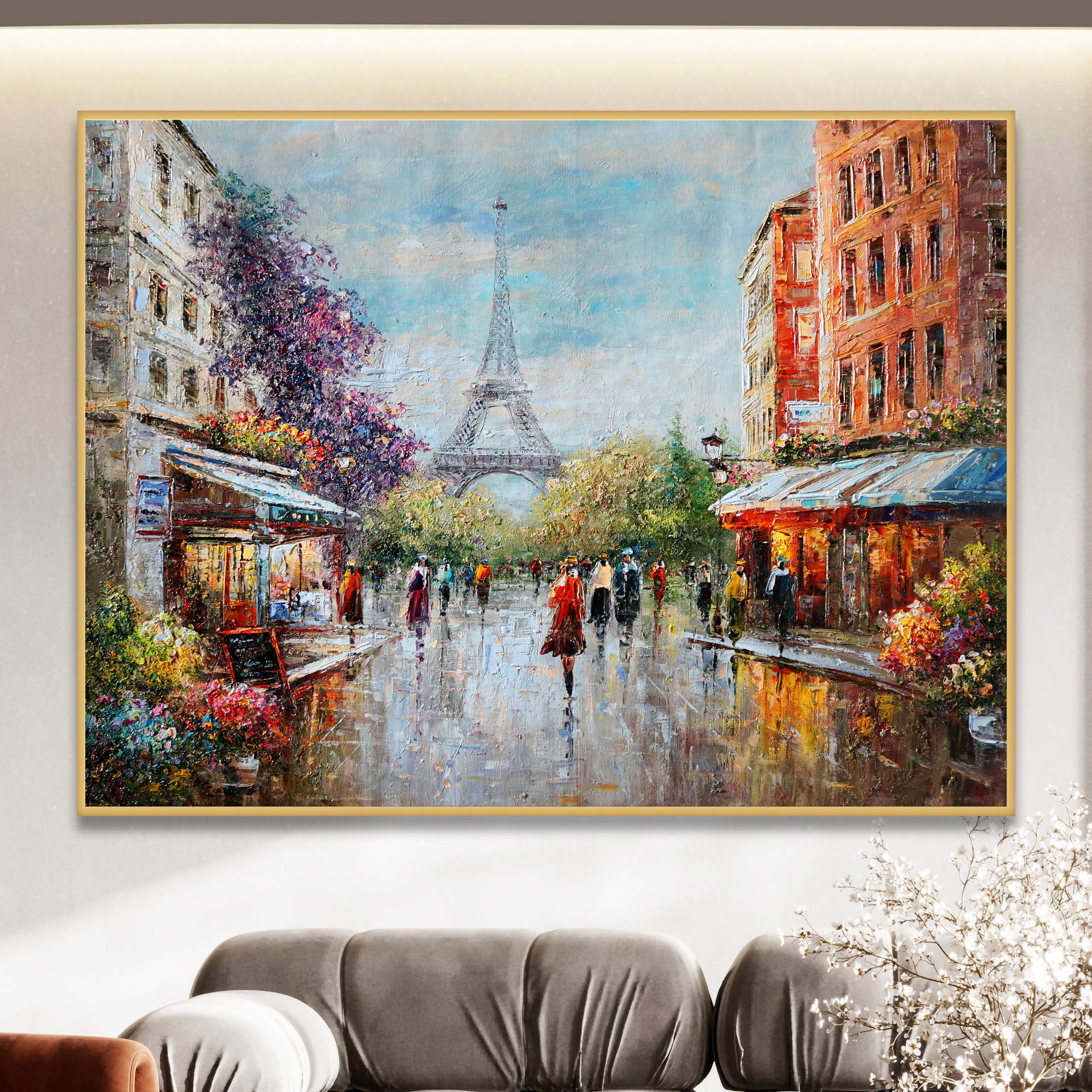 Quadro impressionista di una scena urbana parigina con persone e la Torre Eiffel