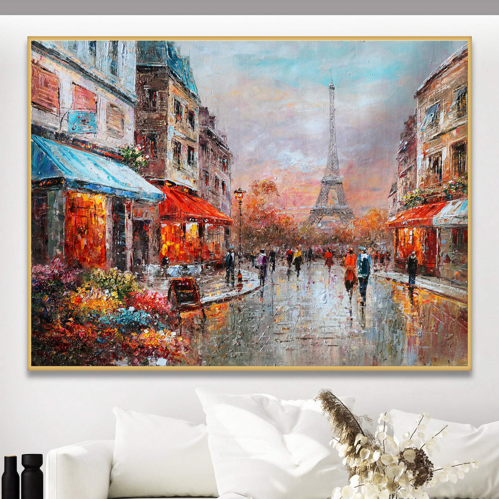 Quadro di una strada di Parigi sotto la pioggia con la Torre Eiffel sullo sfondo