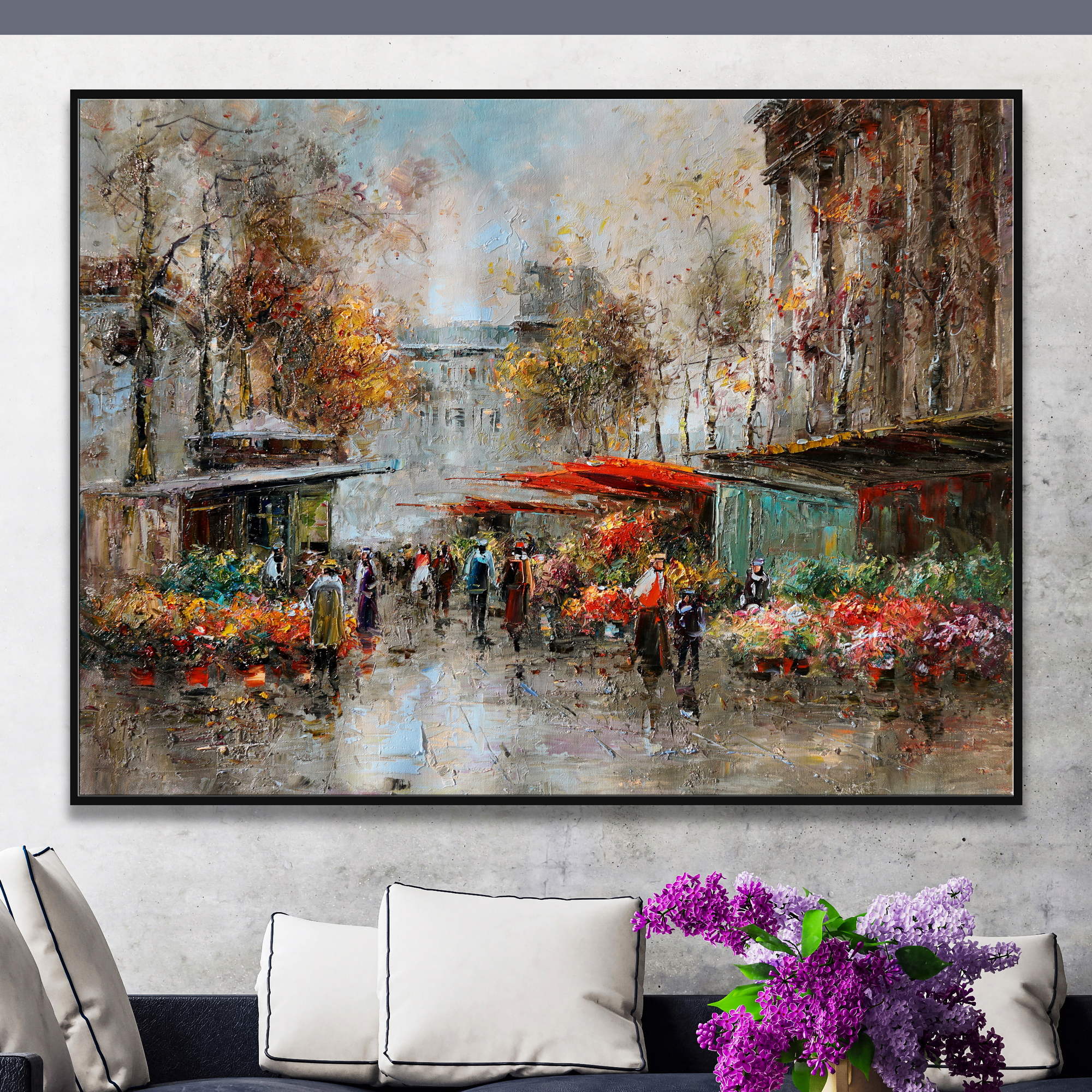 Dipinto a olio di un mercato parigino con mercato dei fiori su una strada bagnata dalla pioggia