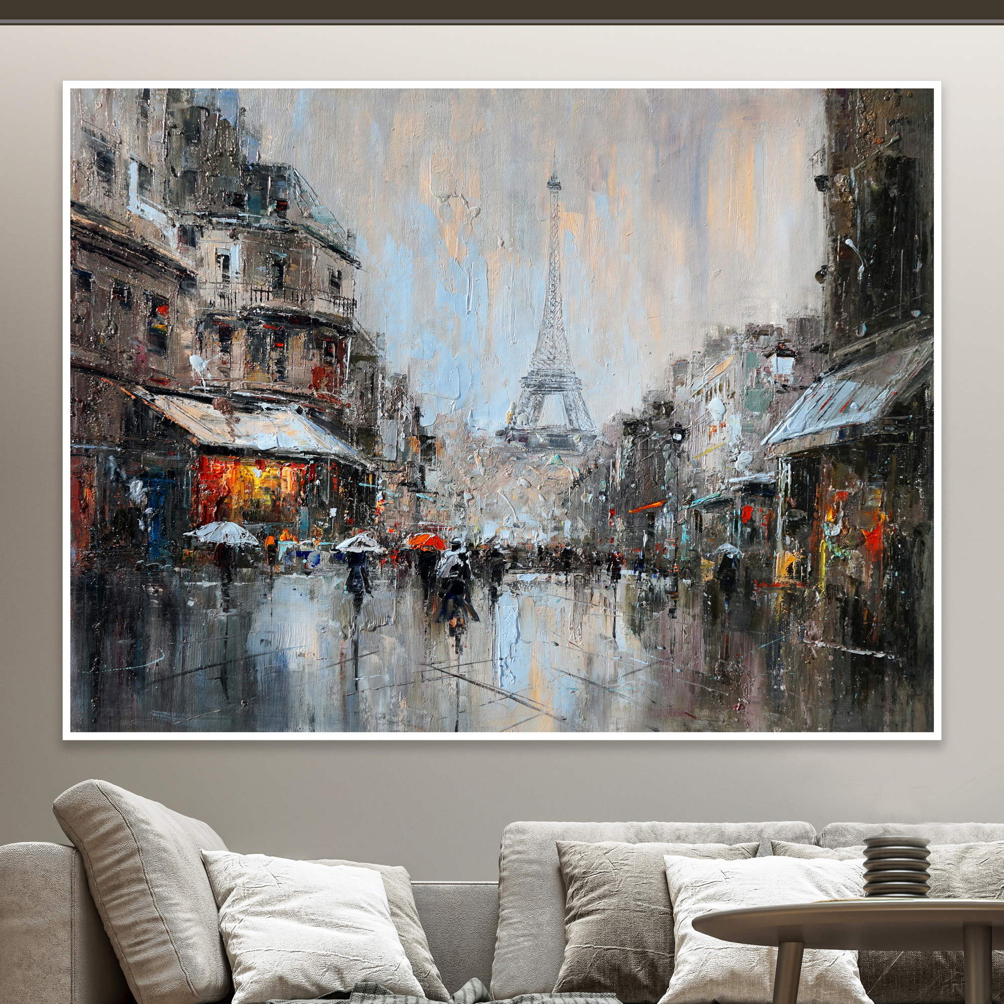 Hand painted Paris in the rain 75x100cm