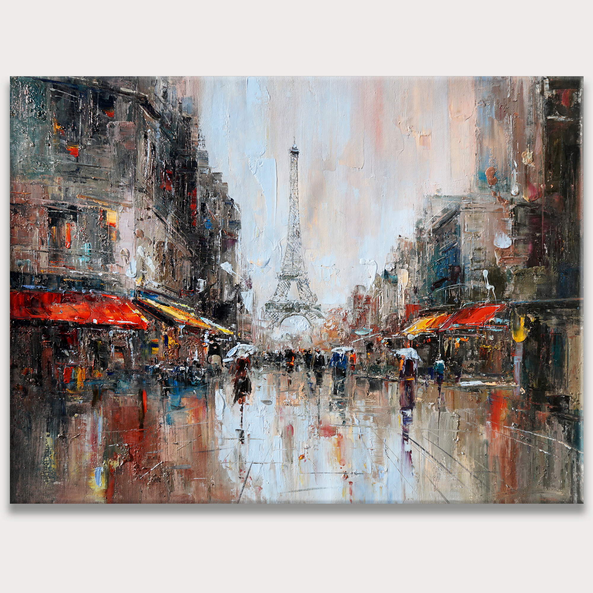 Paris peint à la main sous la pluie Tour Eiffel 75x100cm