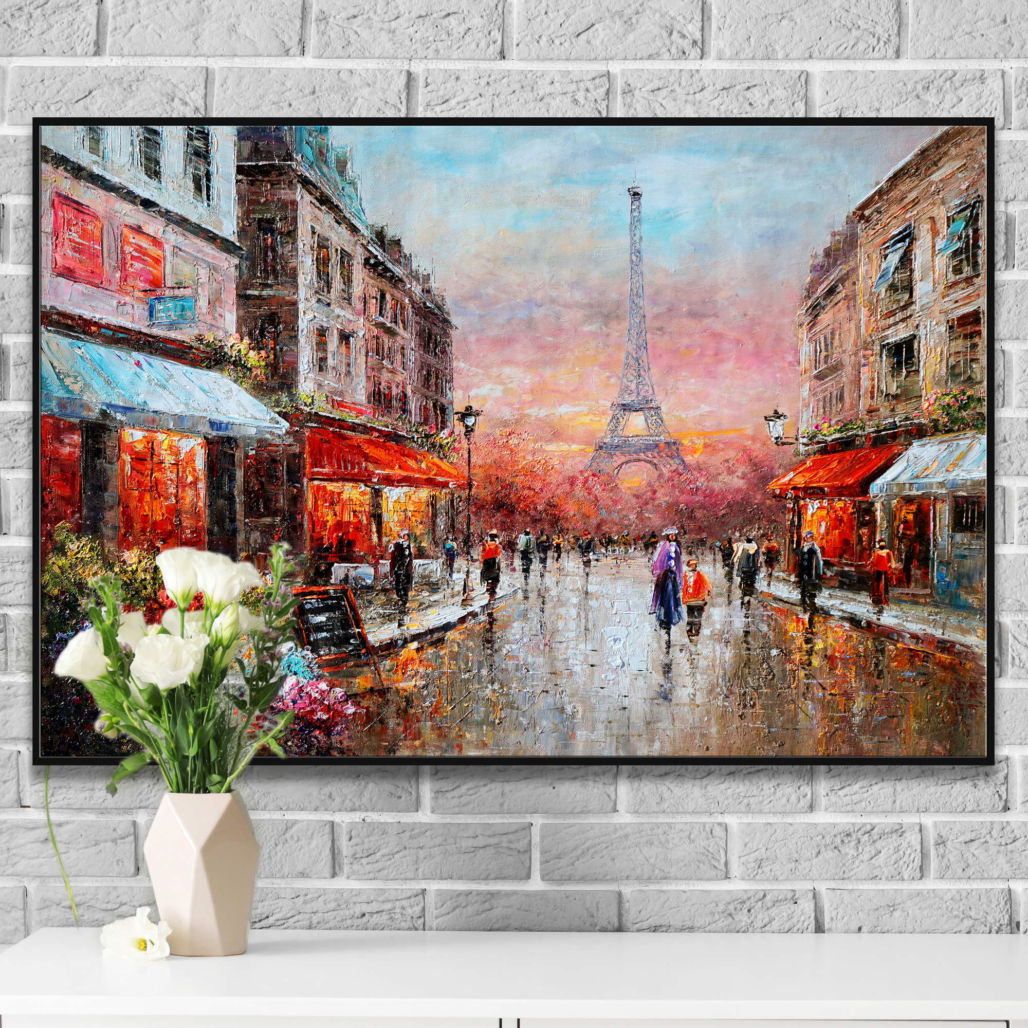 Dipinto di una strada di Parigi con passanti e la Torre Eiffel sullo sfondo