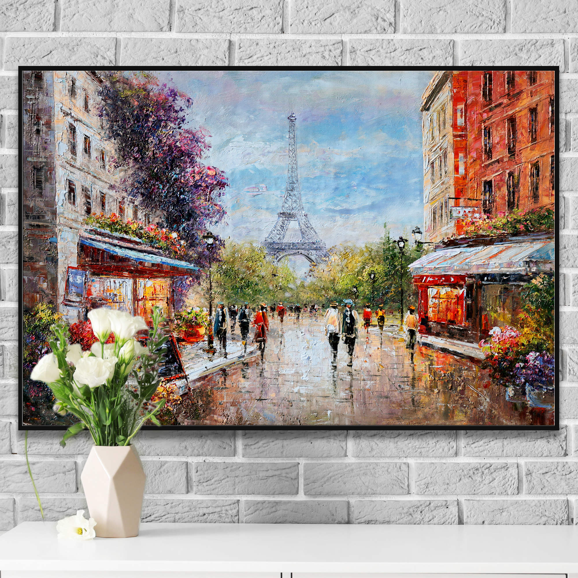 Dipinto impressionista della Torre Eiffel e viandanti a Parigi.