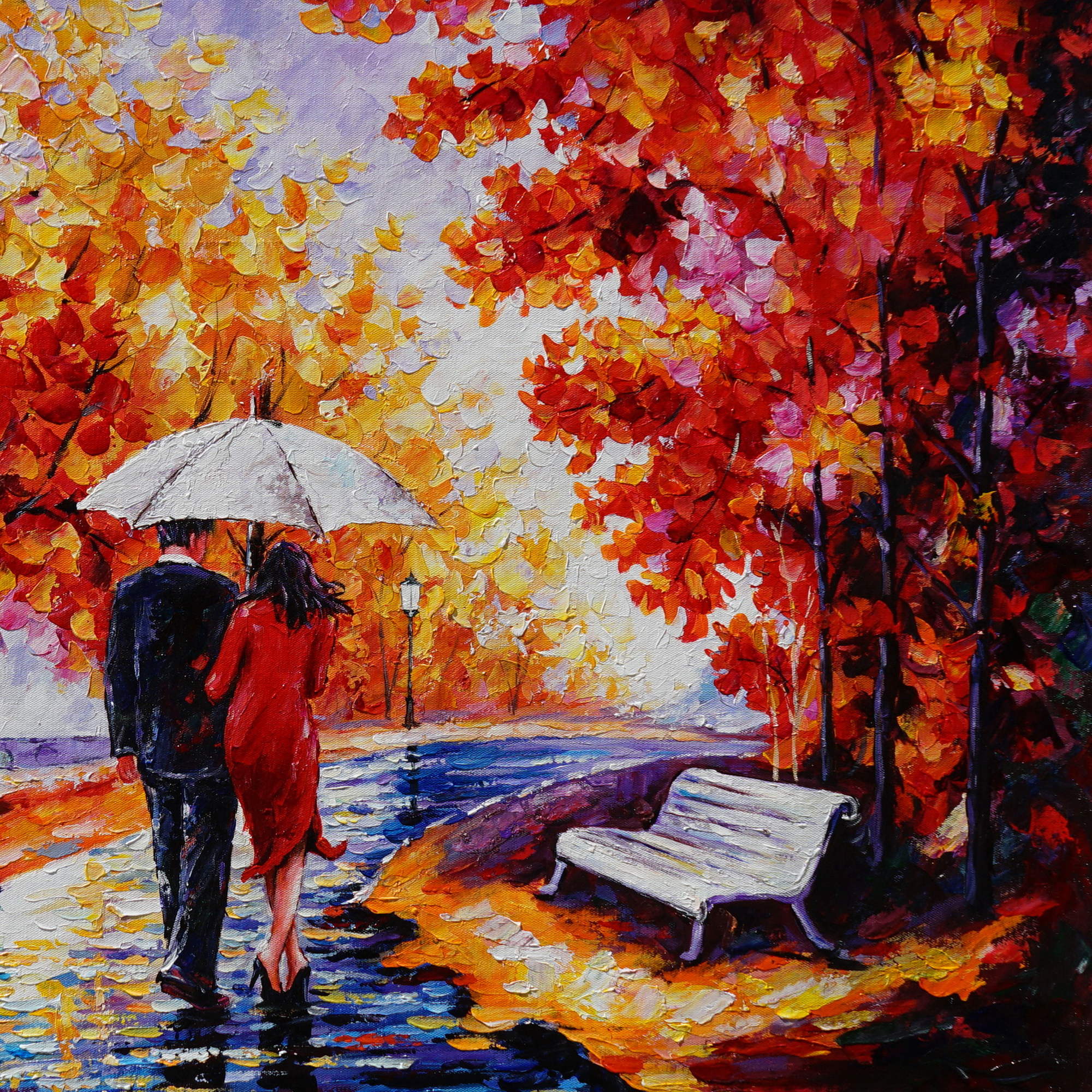 Promenade d'automne le long de la rivière peinte à la main 75x100cm