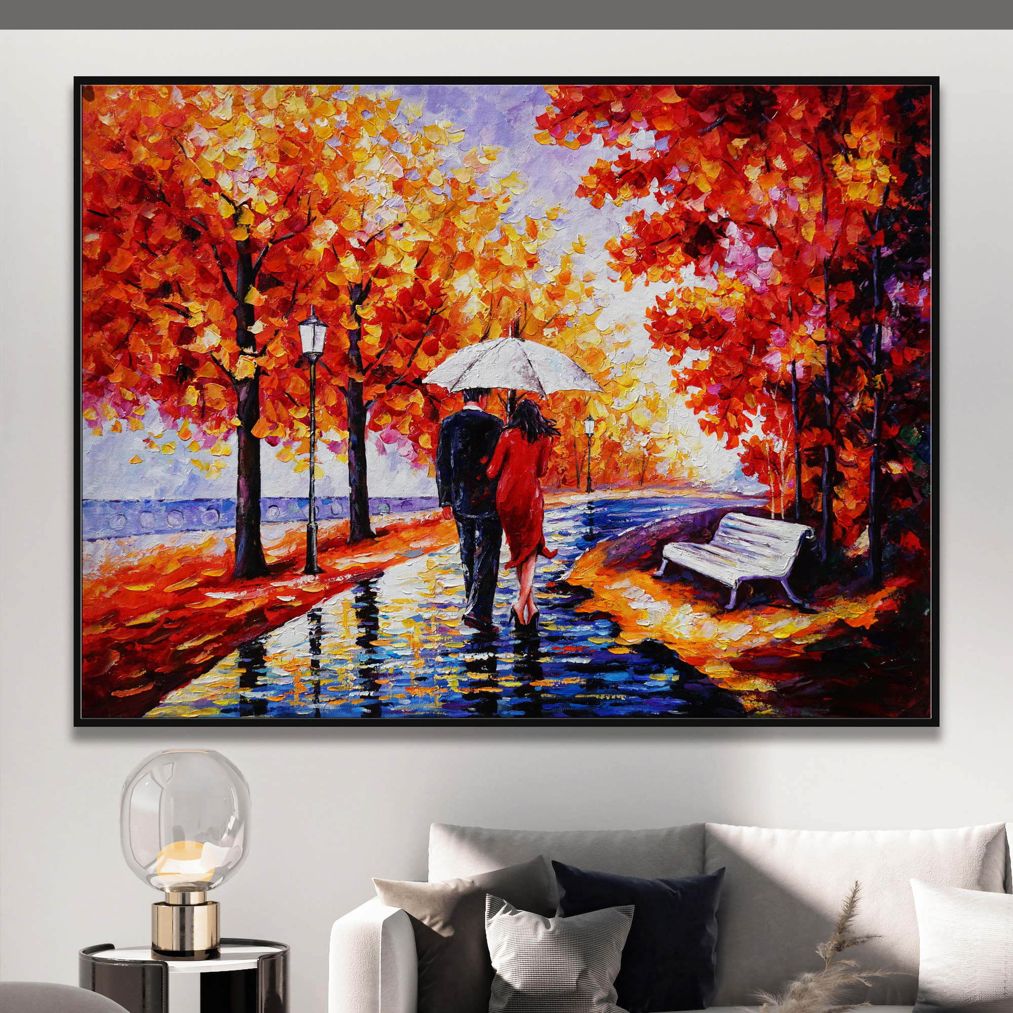 Dipinto di due persone con ombrello che camminano in viale alberato autunnale