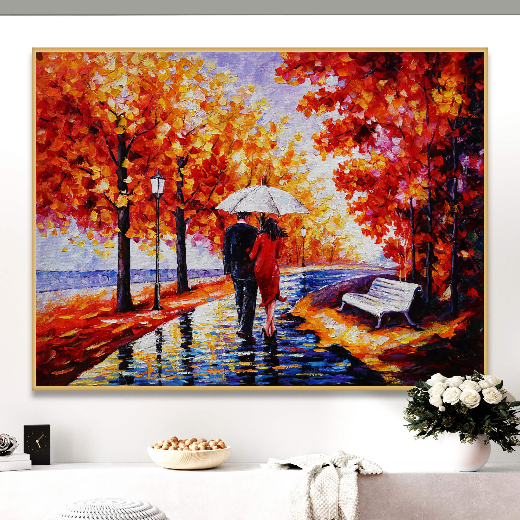 Promenade d'automne le long de la rivière peinte à la main 75x100cm