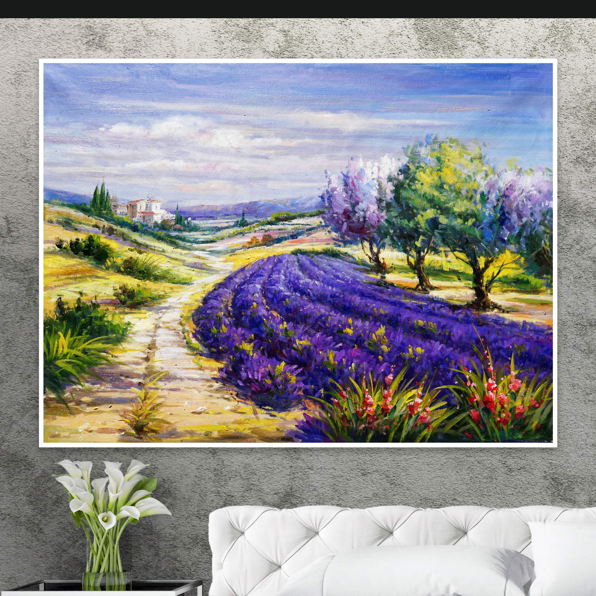 Dipinto impressionista di un paesaggio rurale con campi di lavanda in provenza