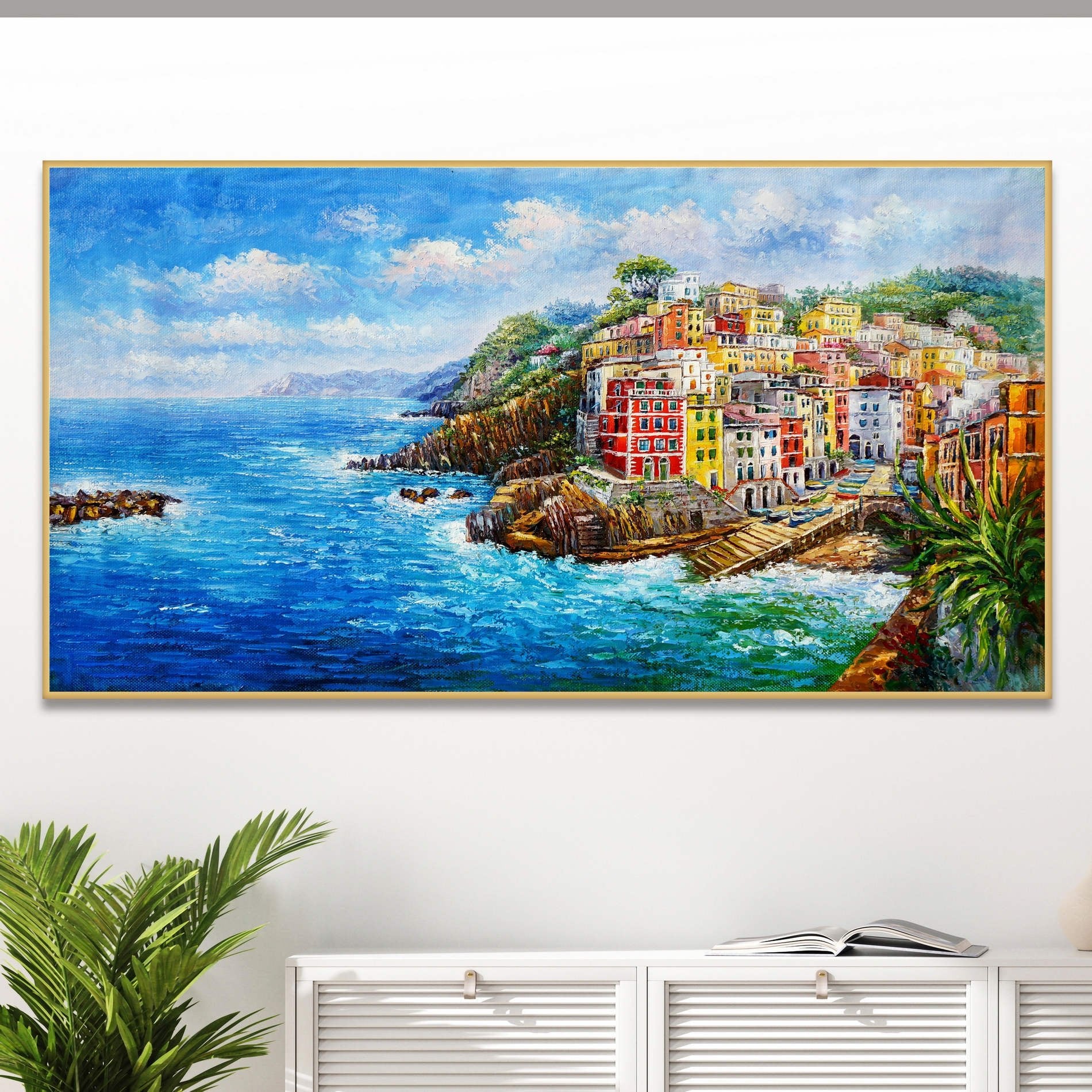 Dipinto di Riomaggiore nelle Cinque Terre con mare e abitazioni colorate