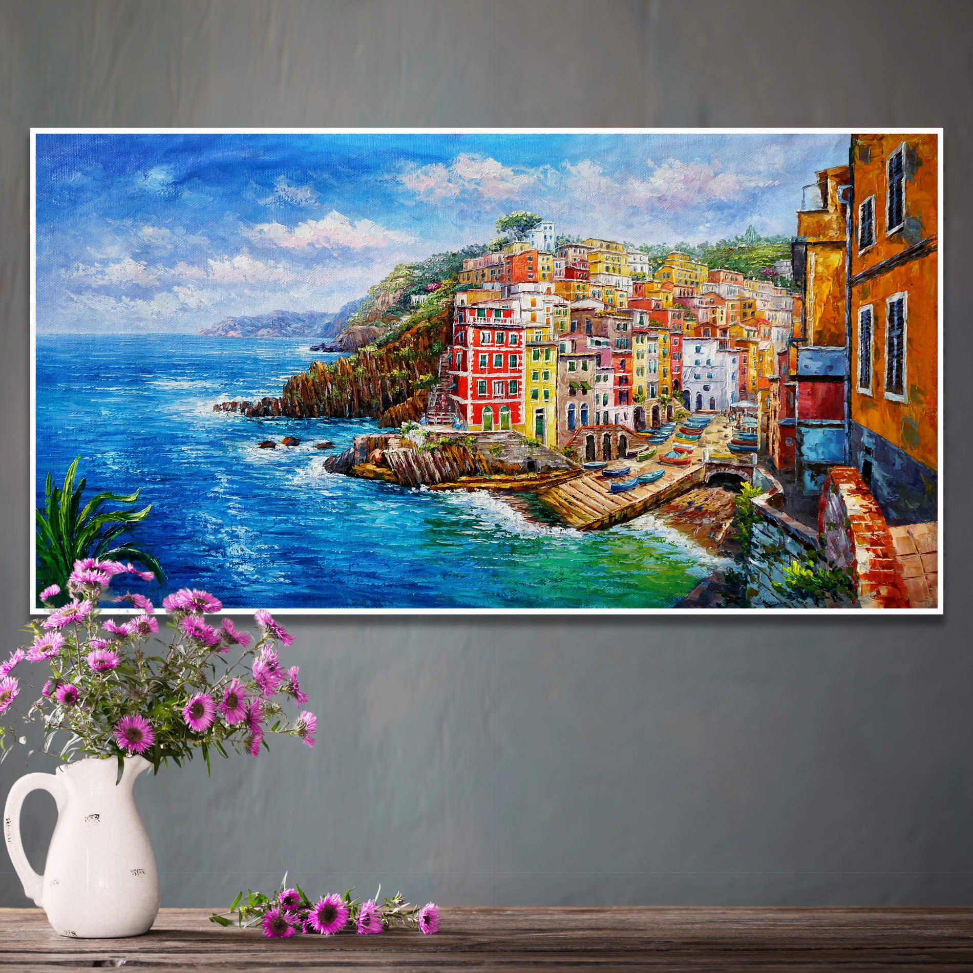 Dipinto del borgo di Riomaggiore nelle Cinque Terre con case le sue colorate