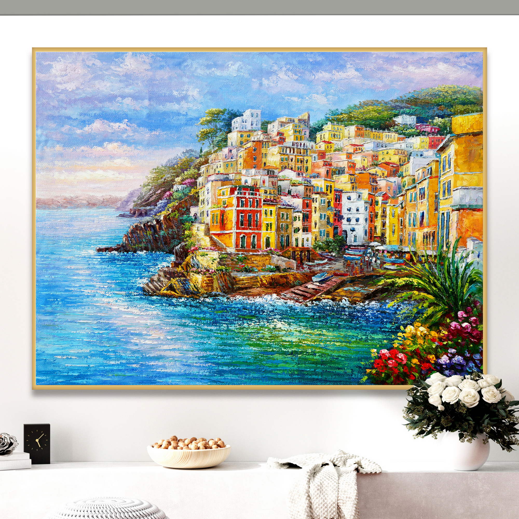 Dipinto del colorato borgo di Riomaggiore nelle Cinque Terre