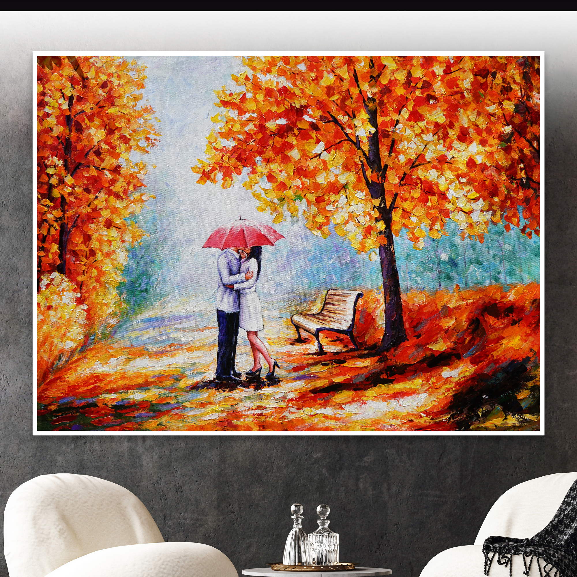 Hand painted Romance in the autumn rain 75x100cm
