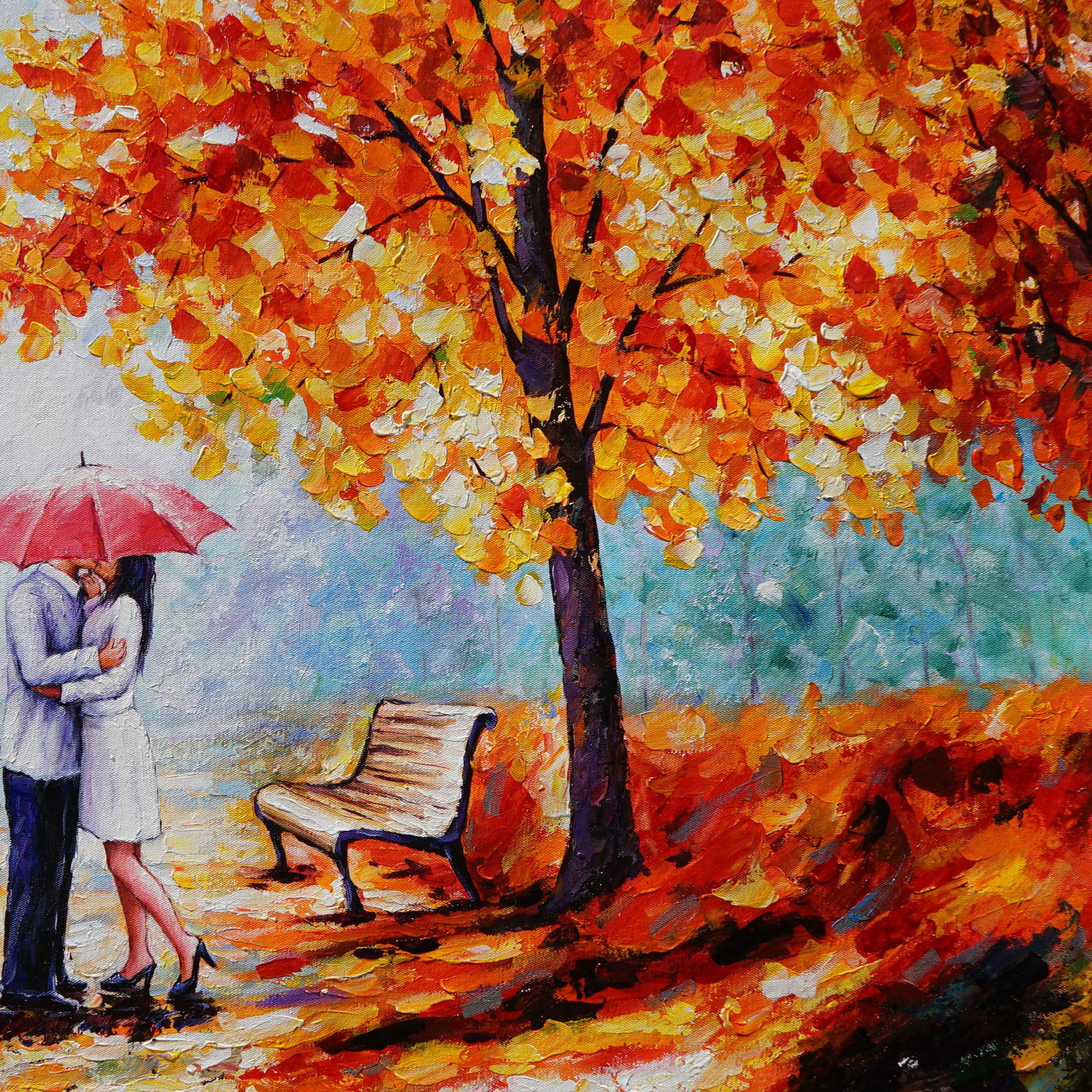 Dipinto a mano Romanticismo sotto la pioggia autunnale 75x100cm
