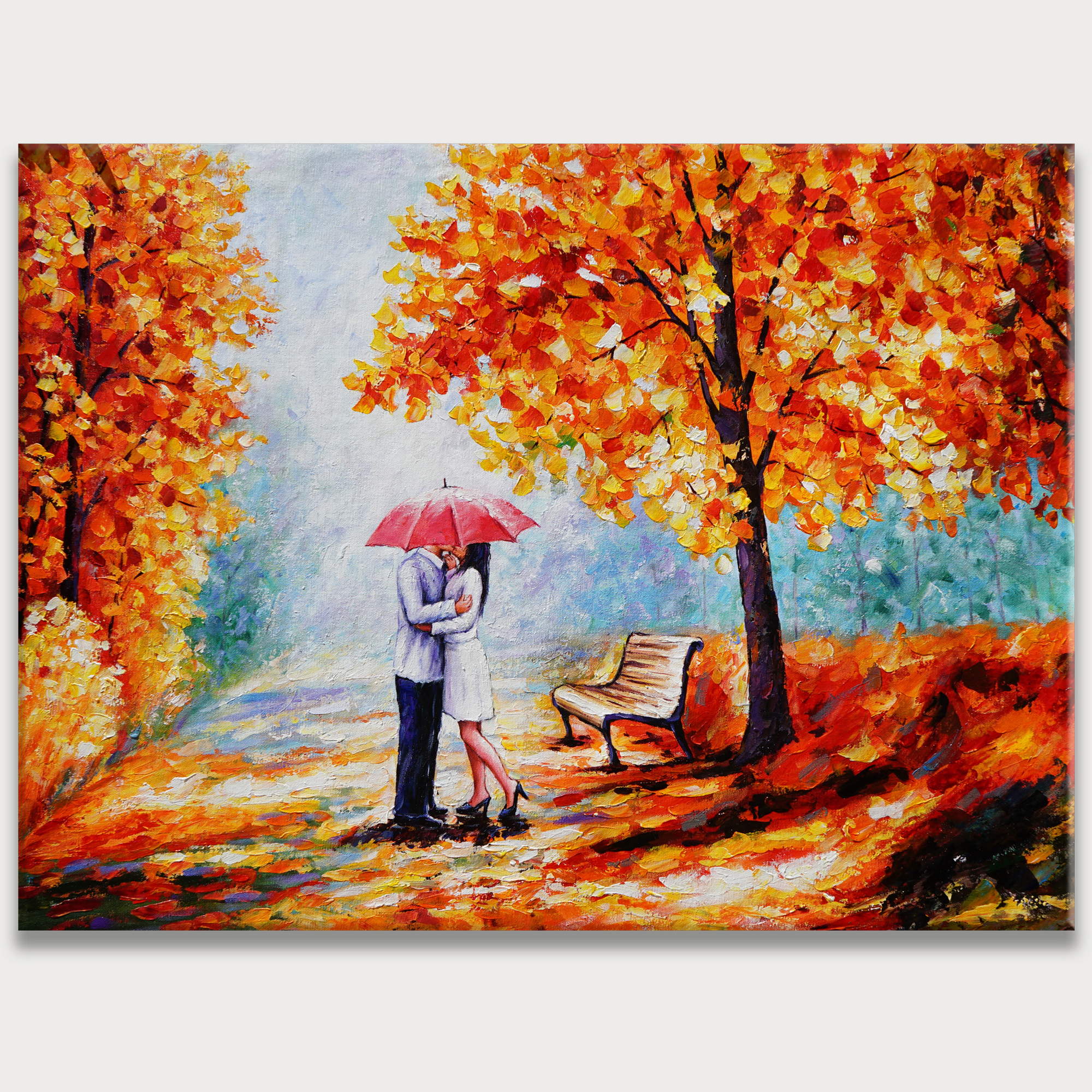 Dipinto a mano Romanticismo sotto la pioggia autunnale 75x100cm