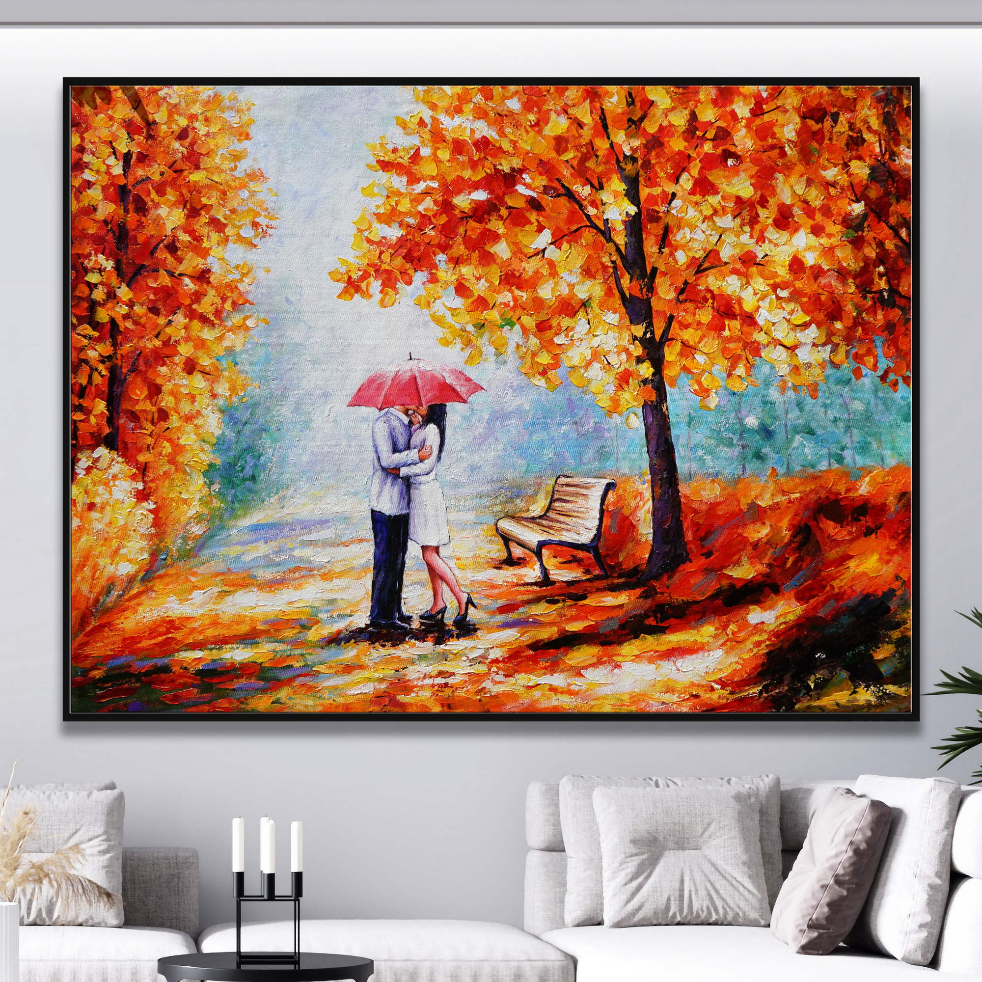 Dipinto di una coppia sotto un ombrello in un paesaggio autunnale