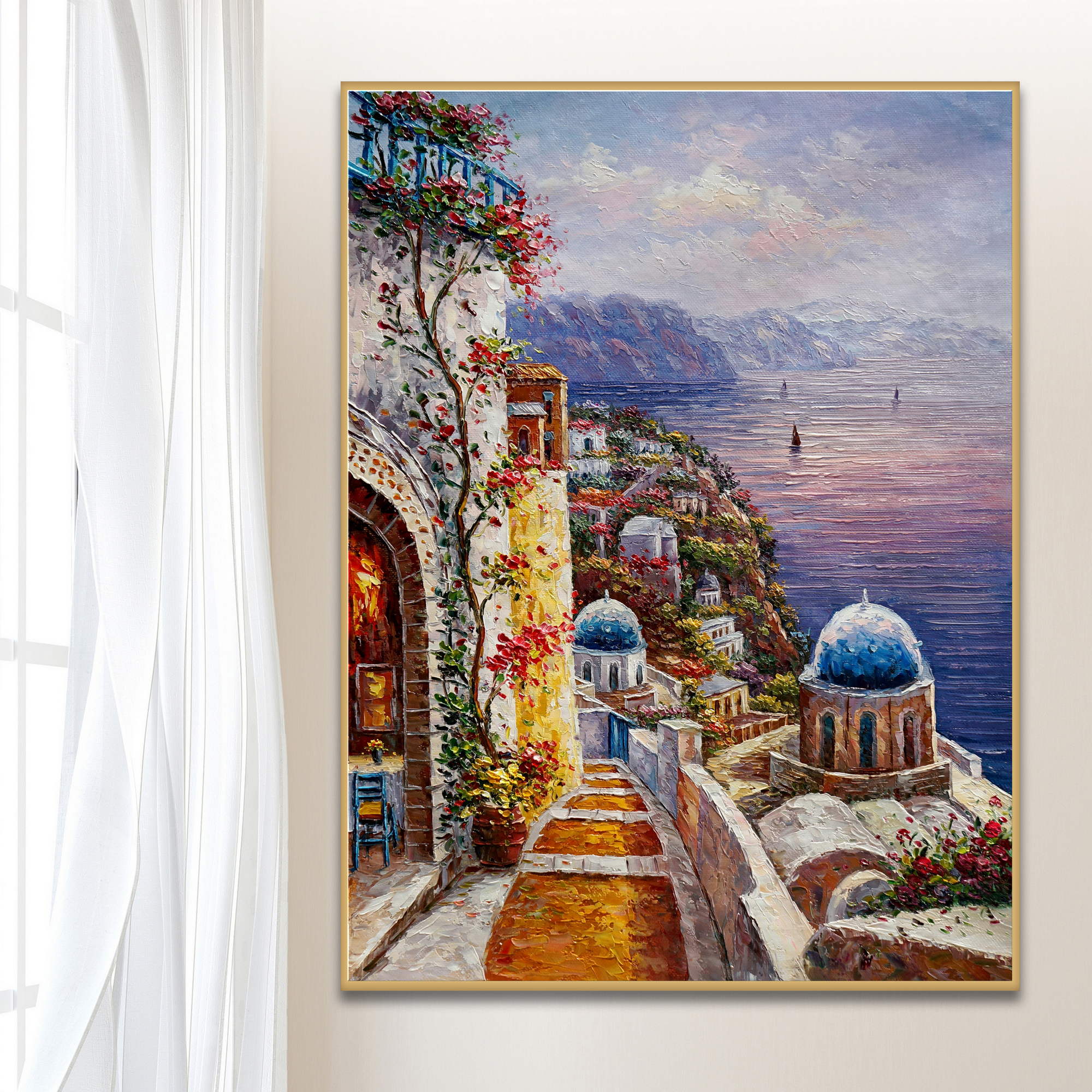 Dipinto di uno scorcio di Santorini con la sua architettura e le terrazze fiorite