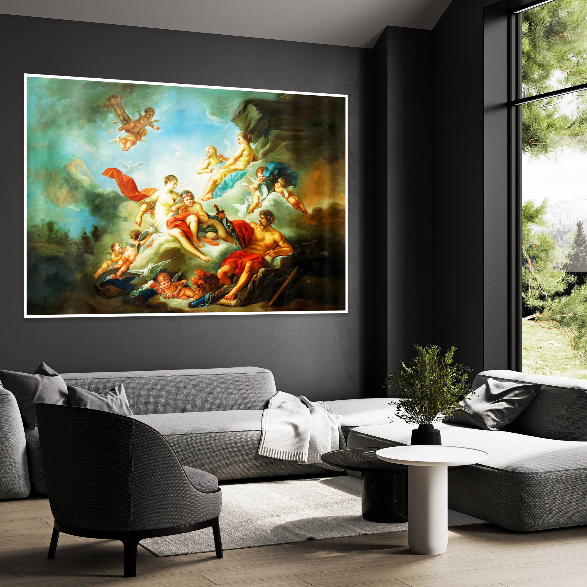 Dipinto di una scena mitologica con angeli e divinità in volo