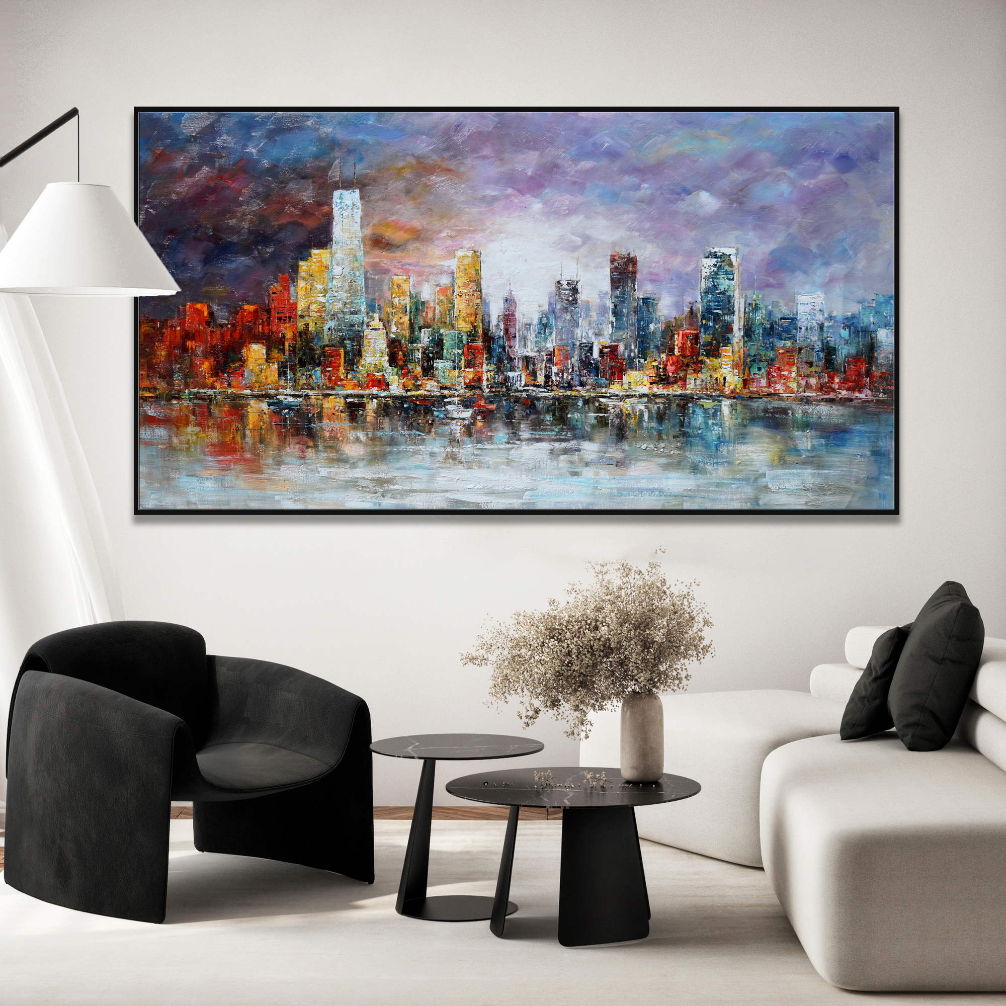 Dipinto astratto di New York con i suoi grattacieli che si riflettono nell'acqua