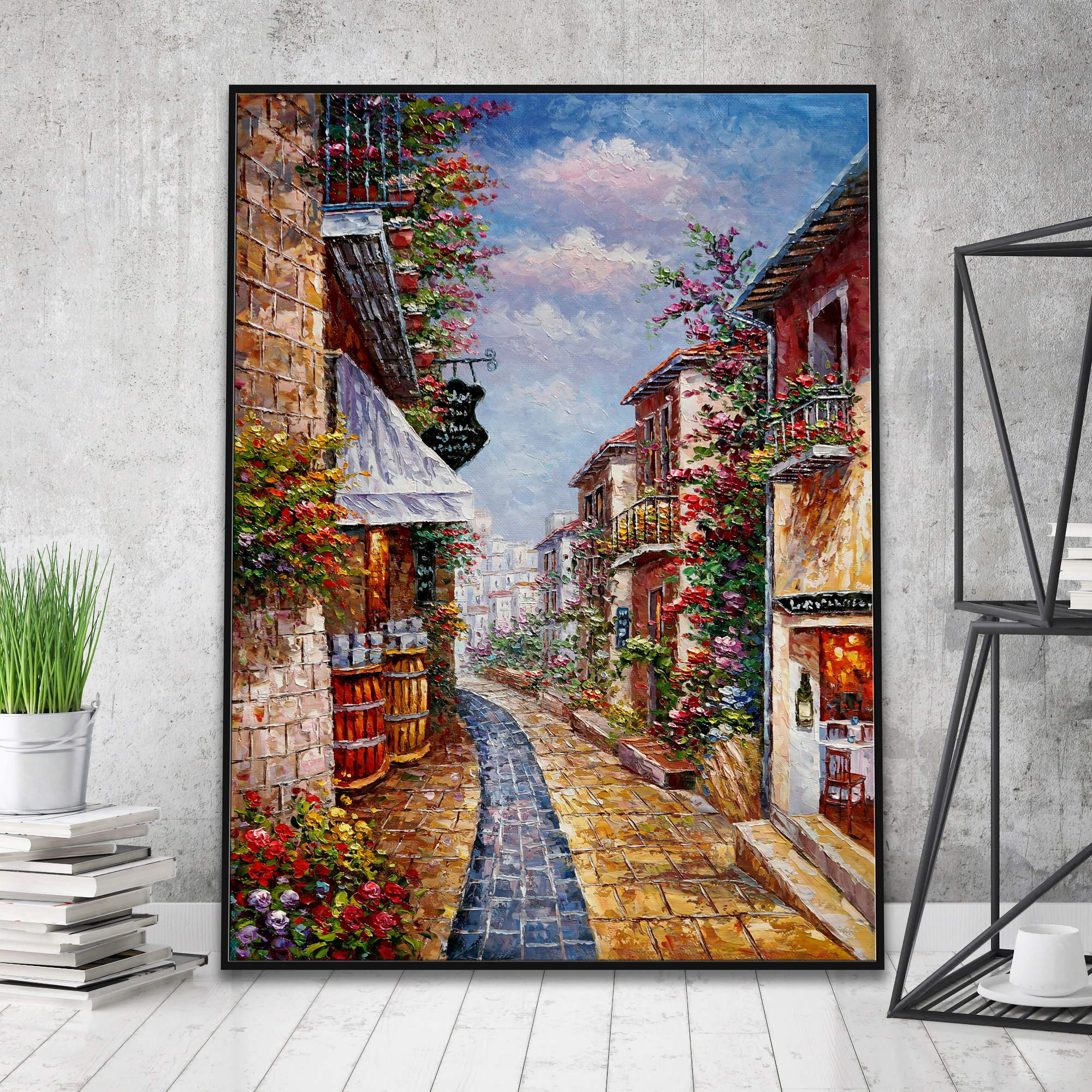Hand painted Picturesque street in ancient village 75x100cm