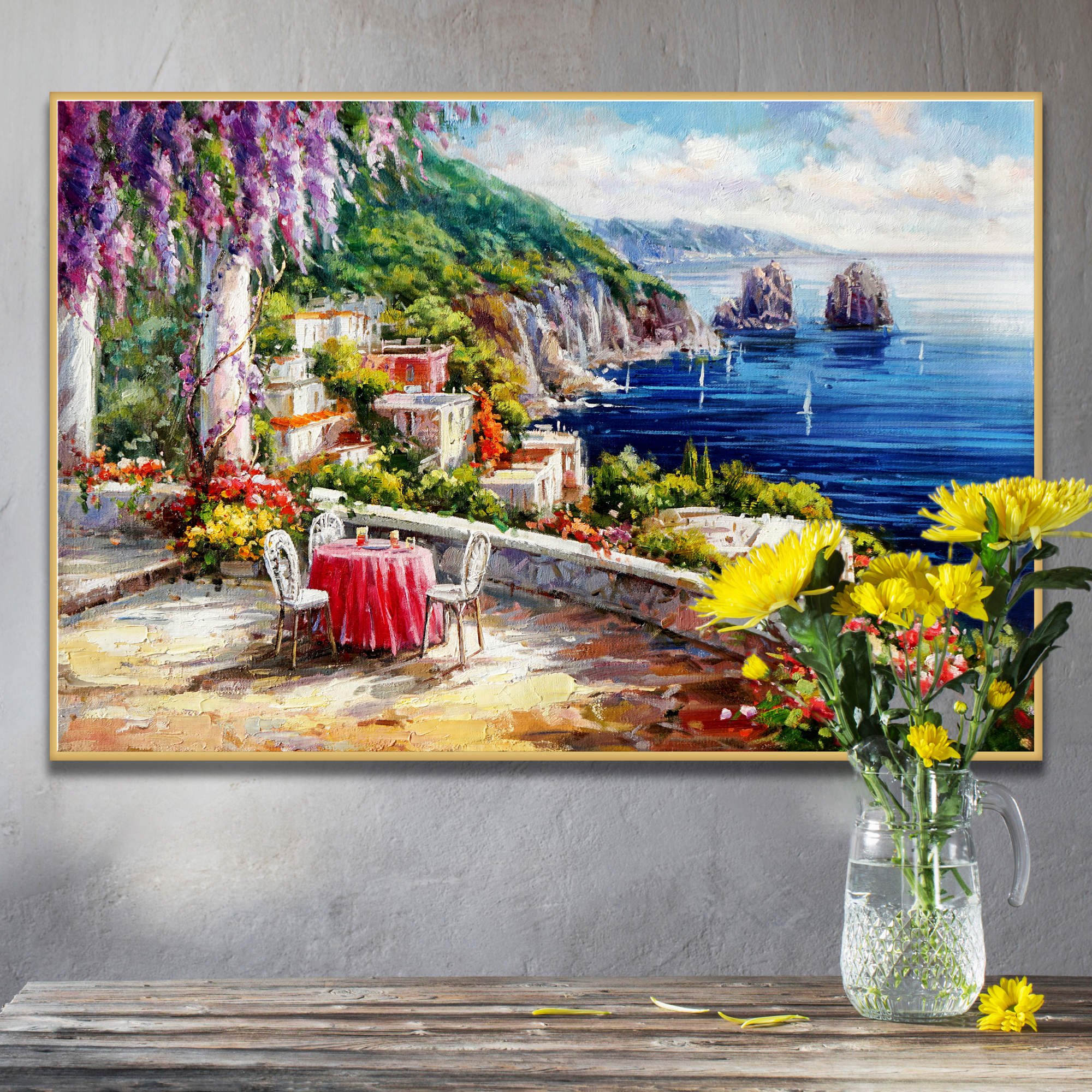 Dipinto di terrazza sul mare con fiori e vista panoramica sui faraglioni di Capri