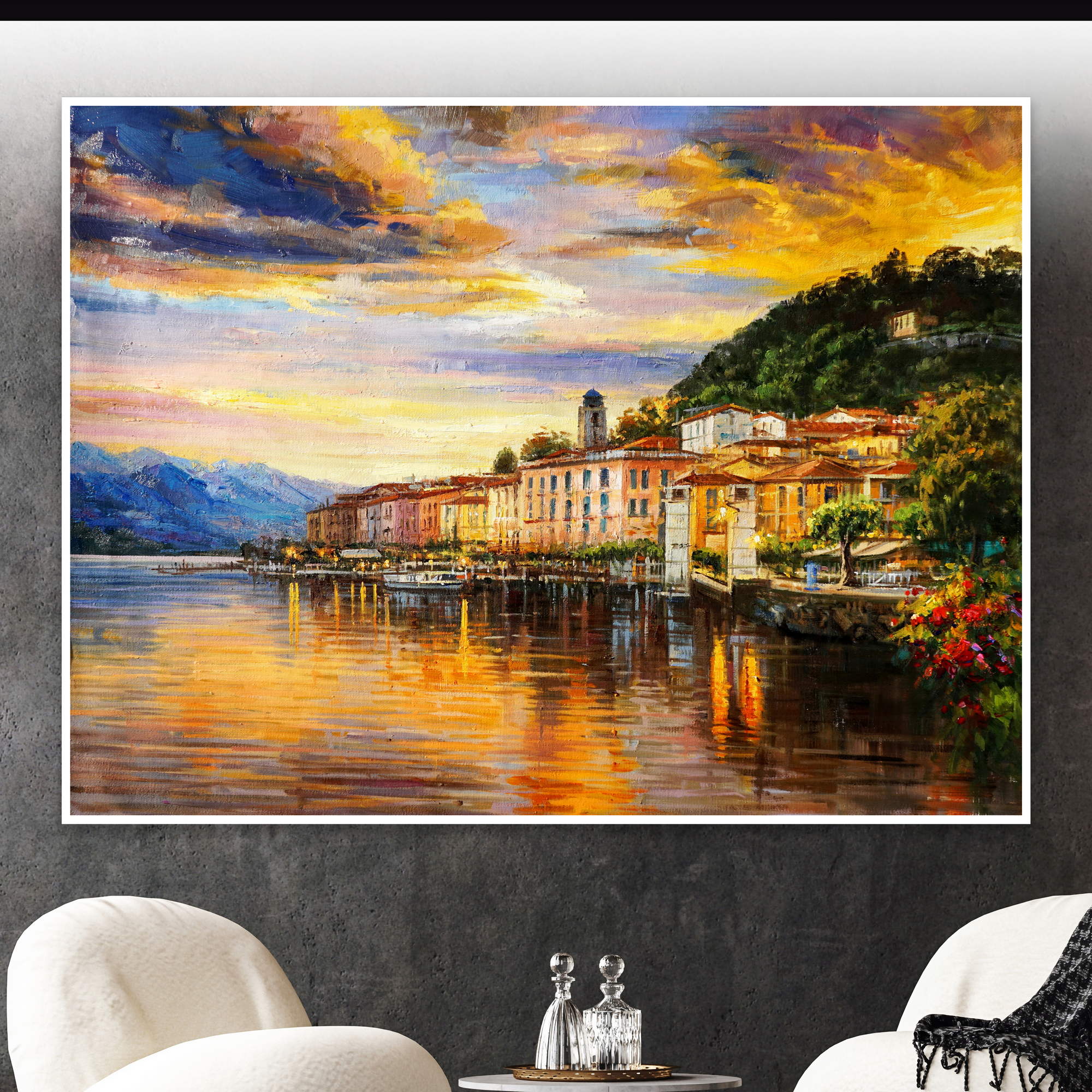 Hand painted Sunset in Bellagio Lake Como 75x100cm
