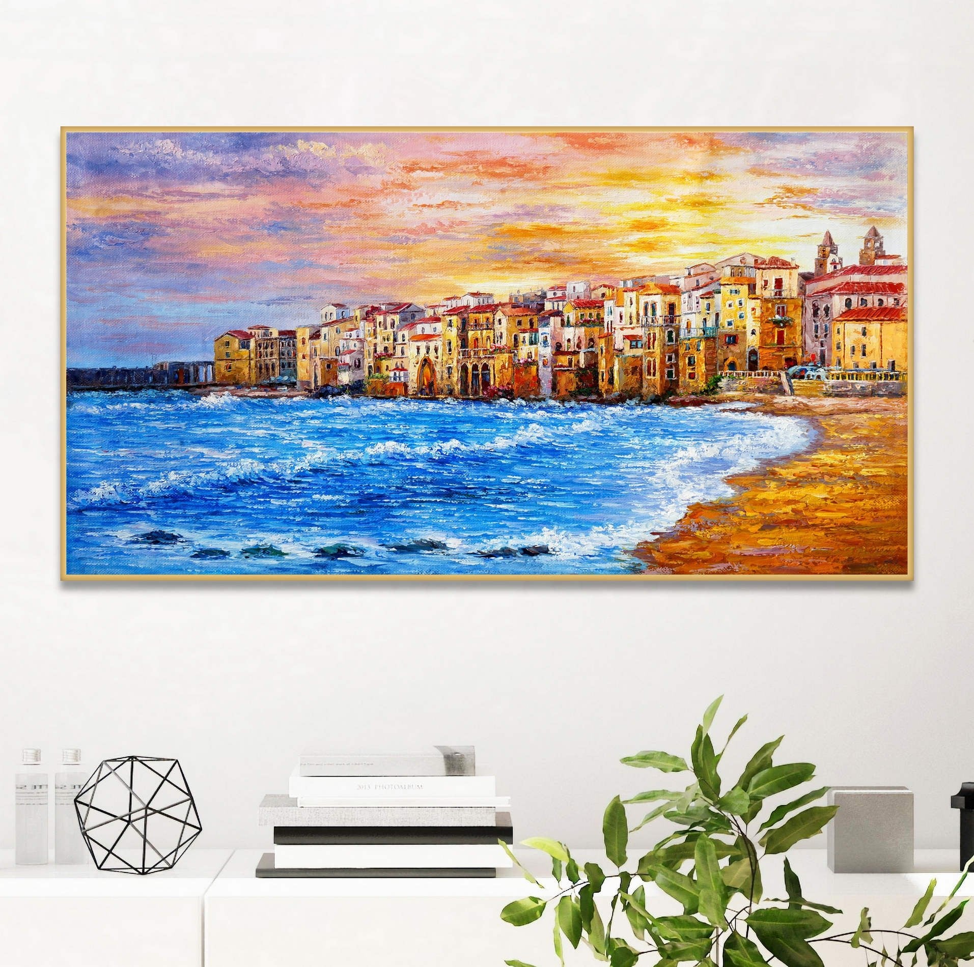 Hand painted Sunset in Cefalù Sicily 60x120cm