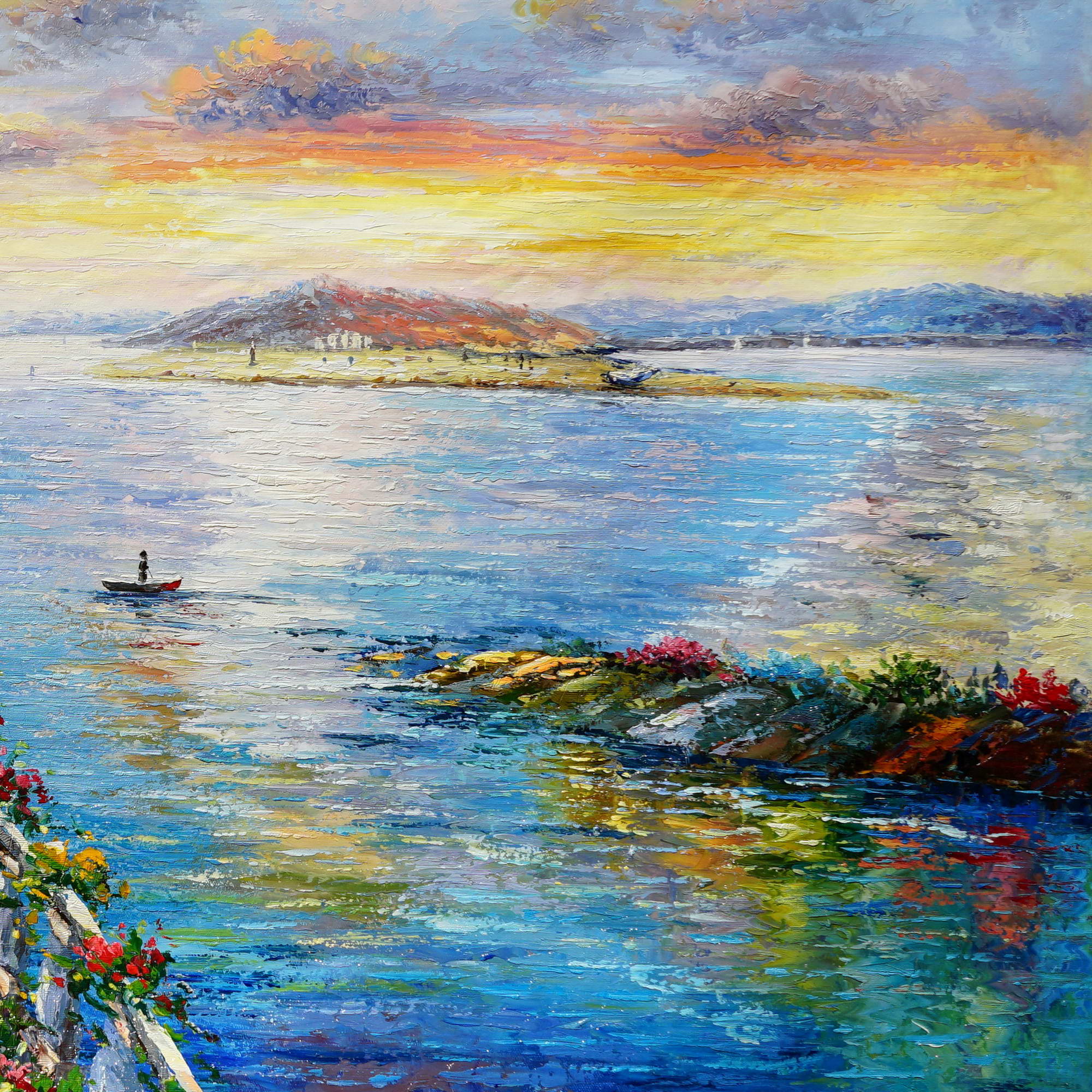 Coucher de soleil sur l'île des pêcheurs peint à la main sur le lac Majeur 75x150cm
