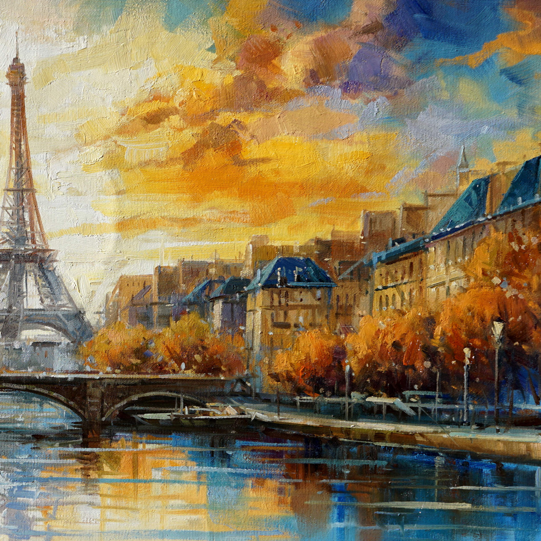 Coucher de soleil sur la Seine à Paris peint à la main 60x120cm