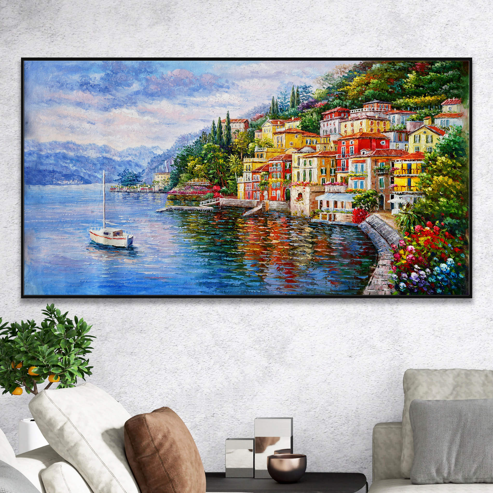 Dipinto di un paesaggio con barca a vela a Varenna sul Lago di Como