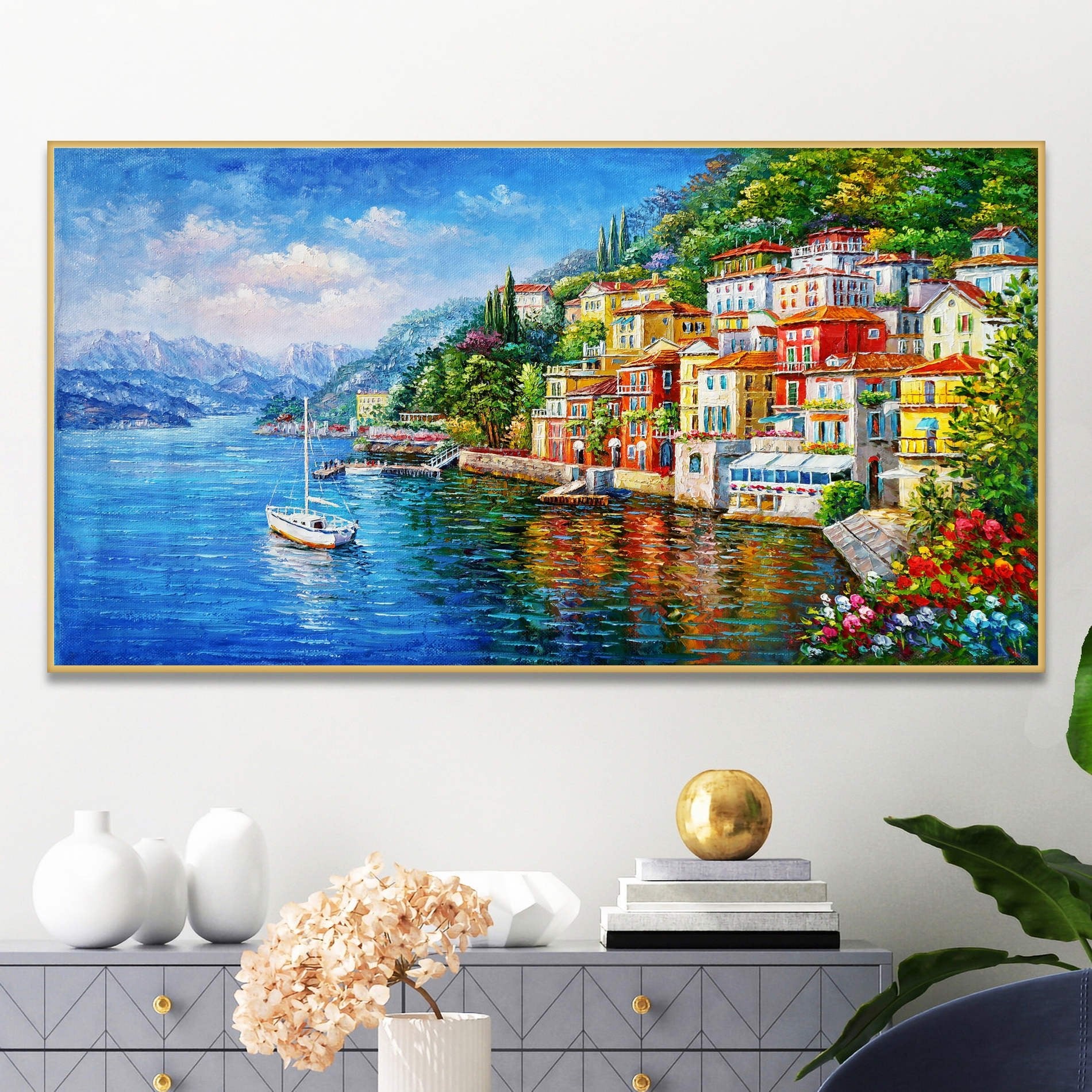 Dipinto del porticciolo di Varenna sul lago di Como