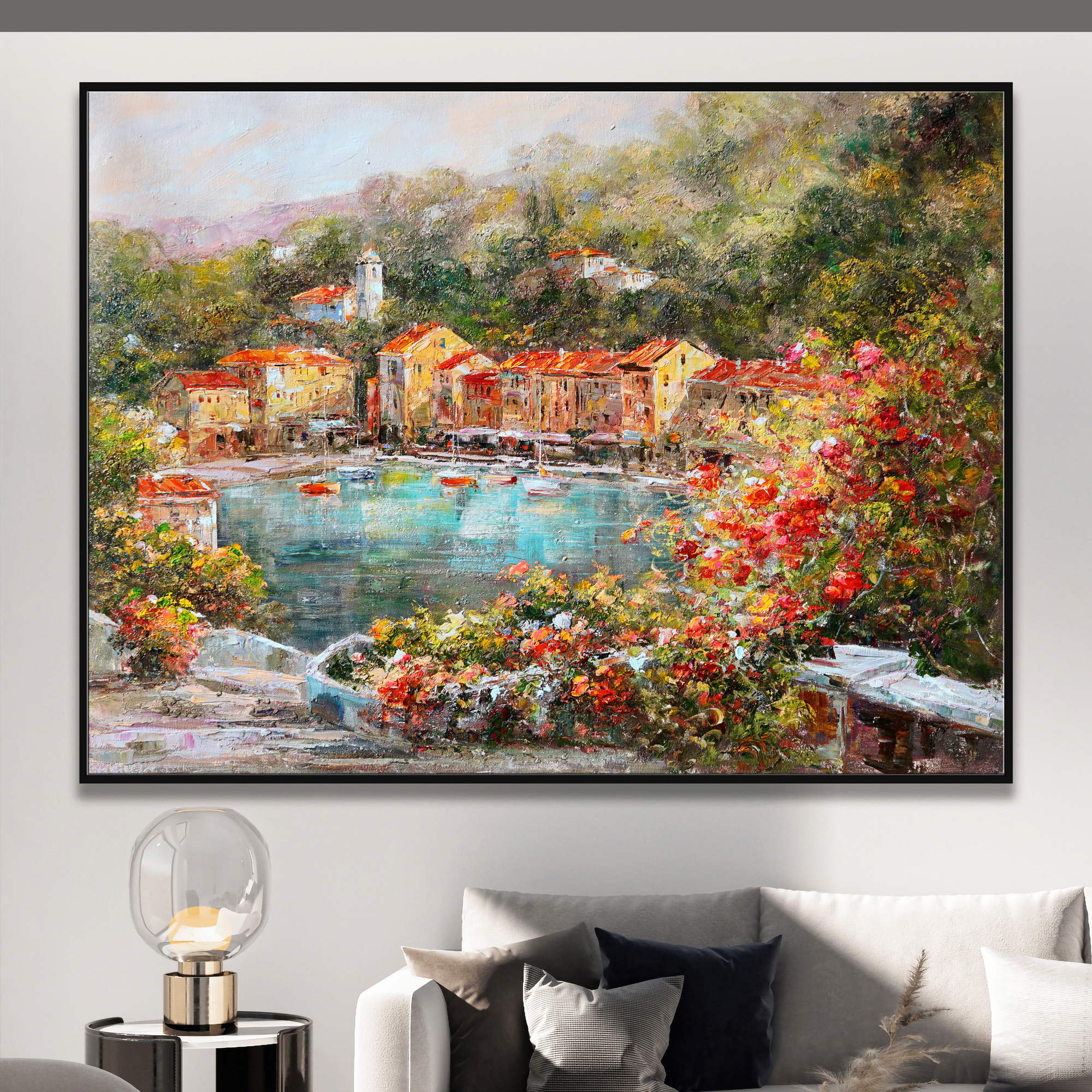 Dipinto del colorato borgo di Portofino con fiori e barche