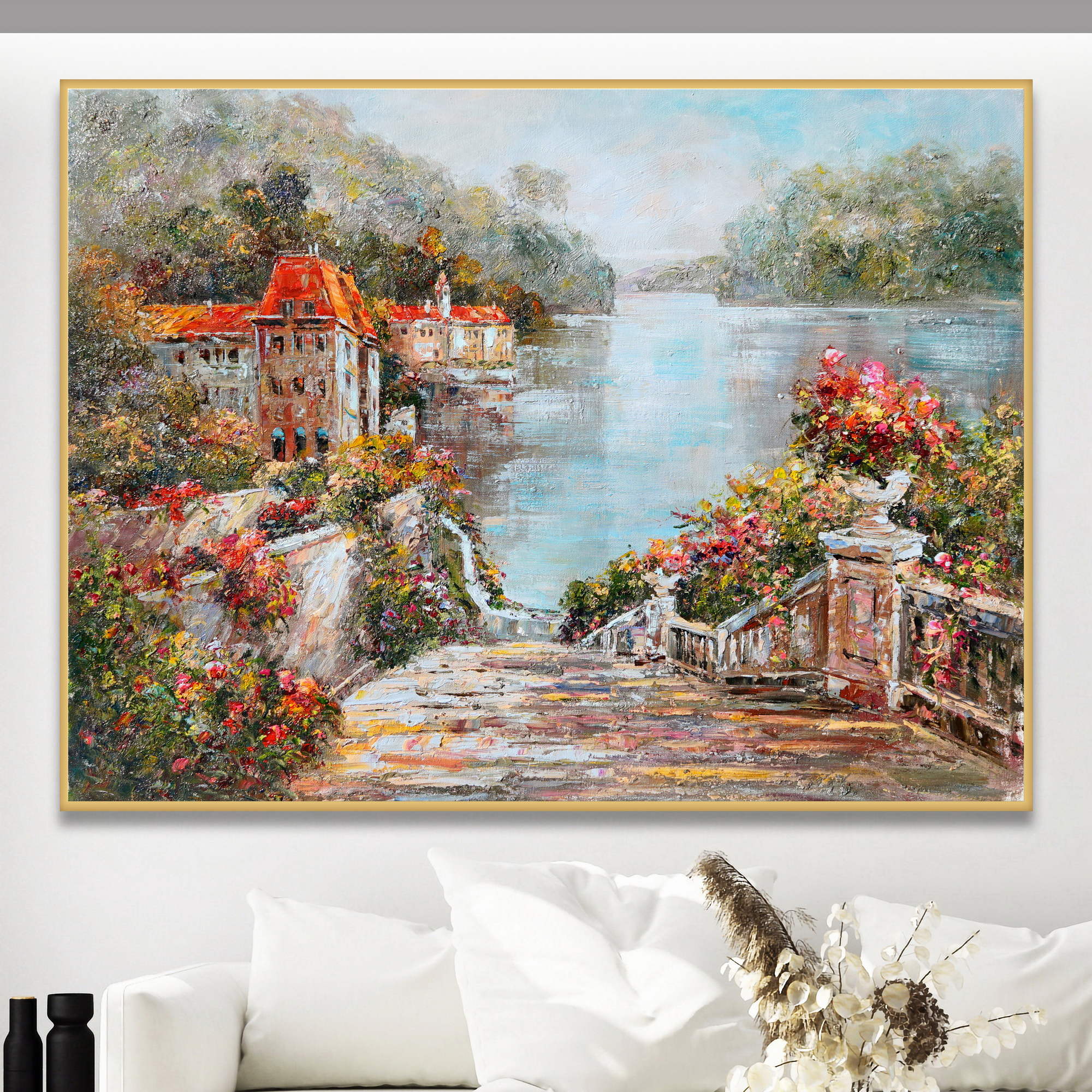 Dipinto di scorci del lago di Como con Villa storica