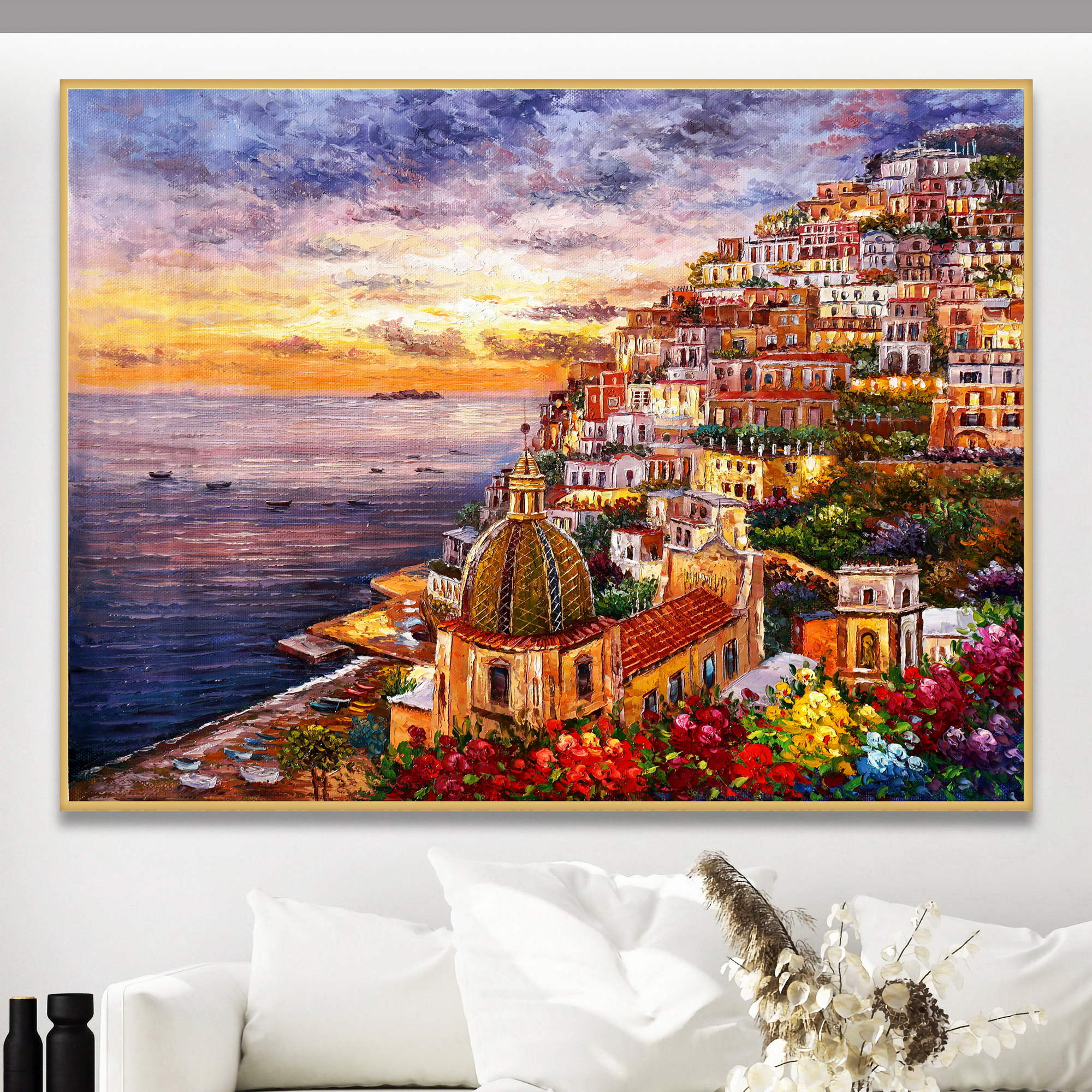 Hand painted View of Positano at Sunset 75x100cm