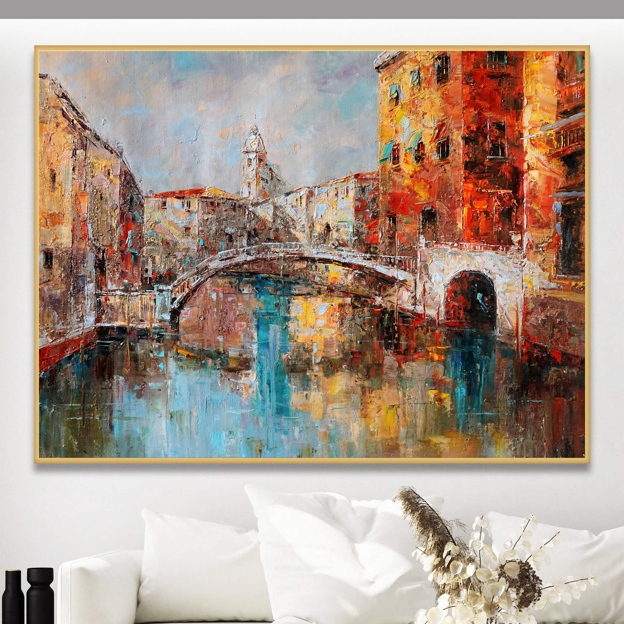 Dipinto di un paesaggio urbano veneziano con canale e ponte