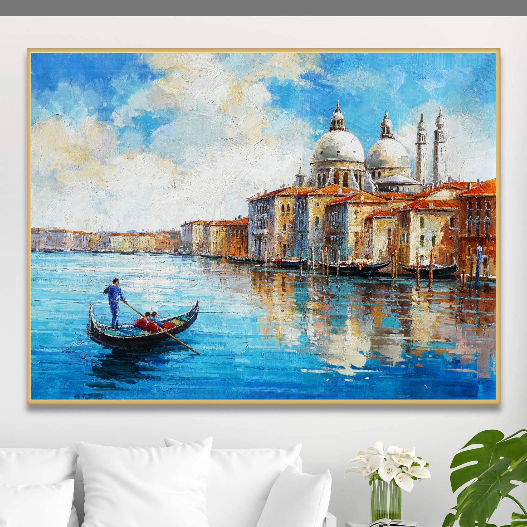 Dipinto di una gondola sul Canal Grande di Venezia con edifici storici nello sfondo