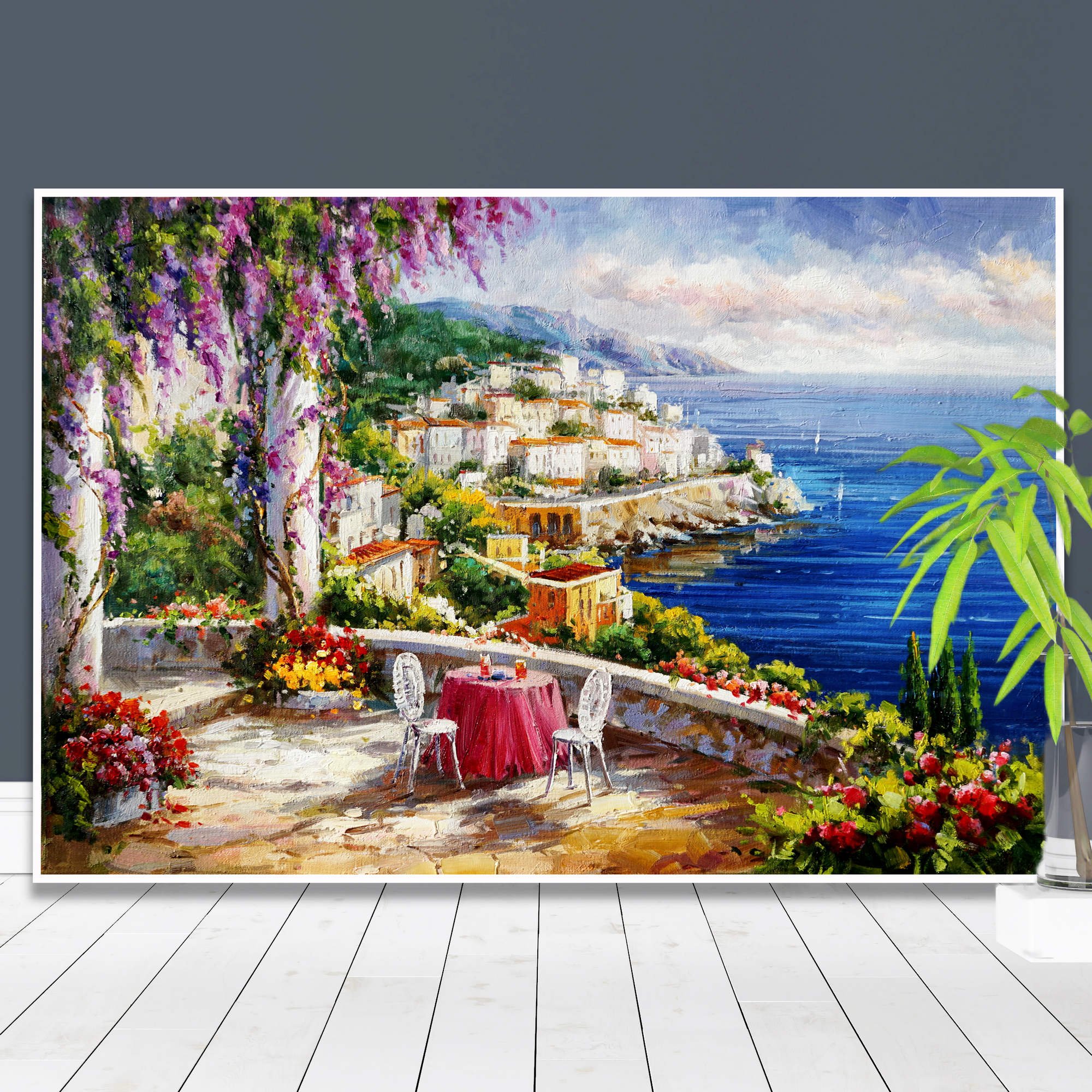Vue panoramique de la côte amalfitaine peinte à la main 60x90cm