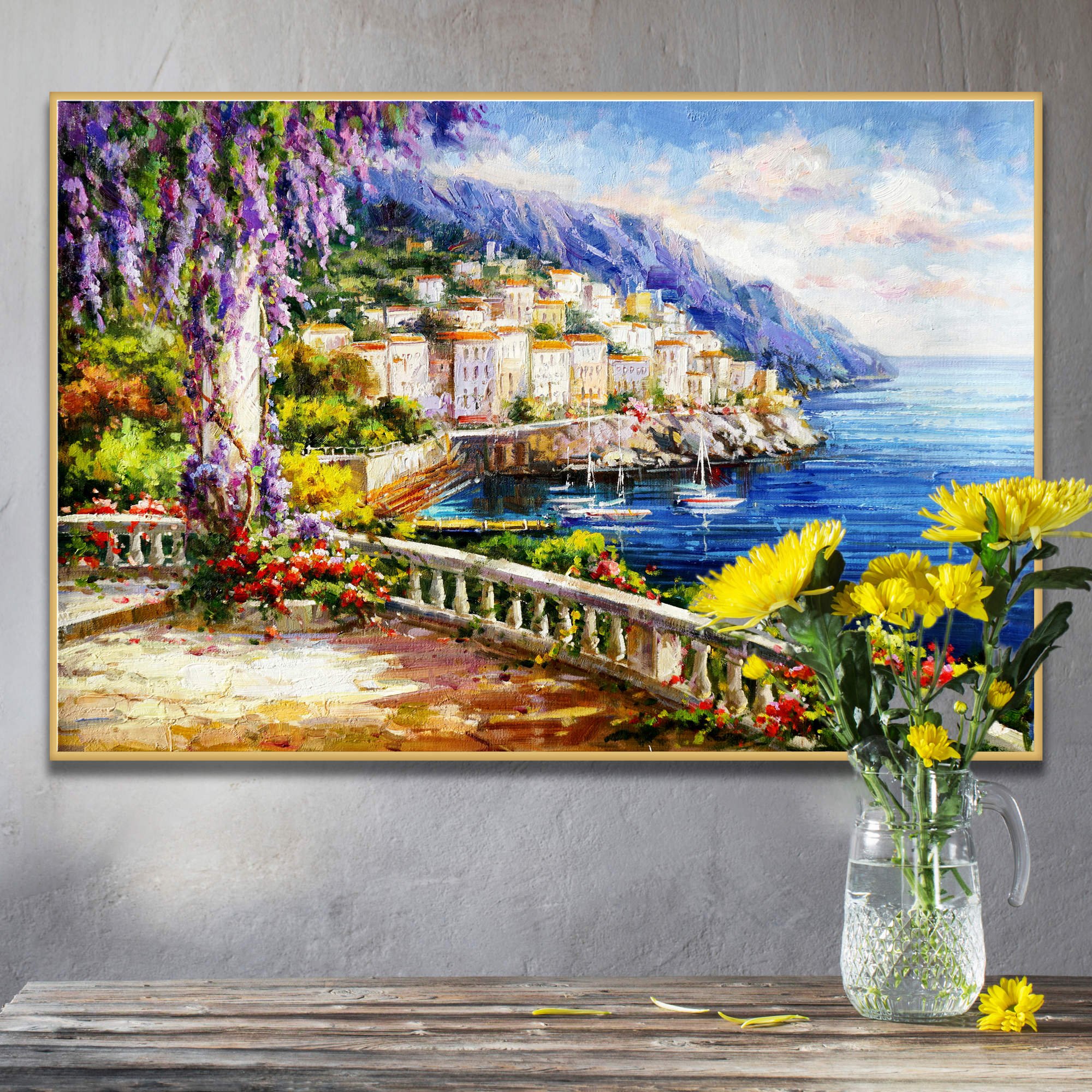 Dipinto di una terrazza con vista sulla costiera amalfitana con fiori e barche
