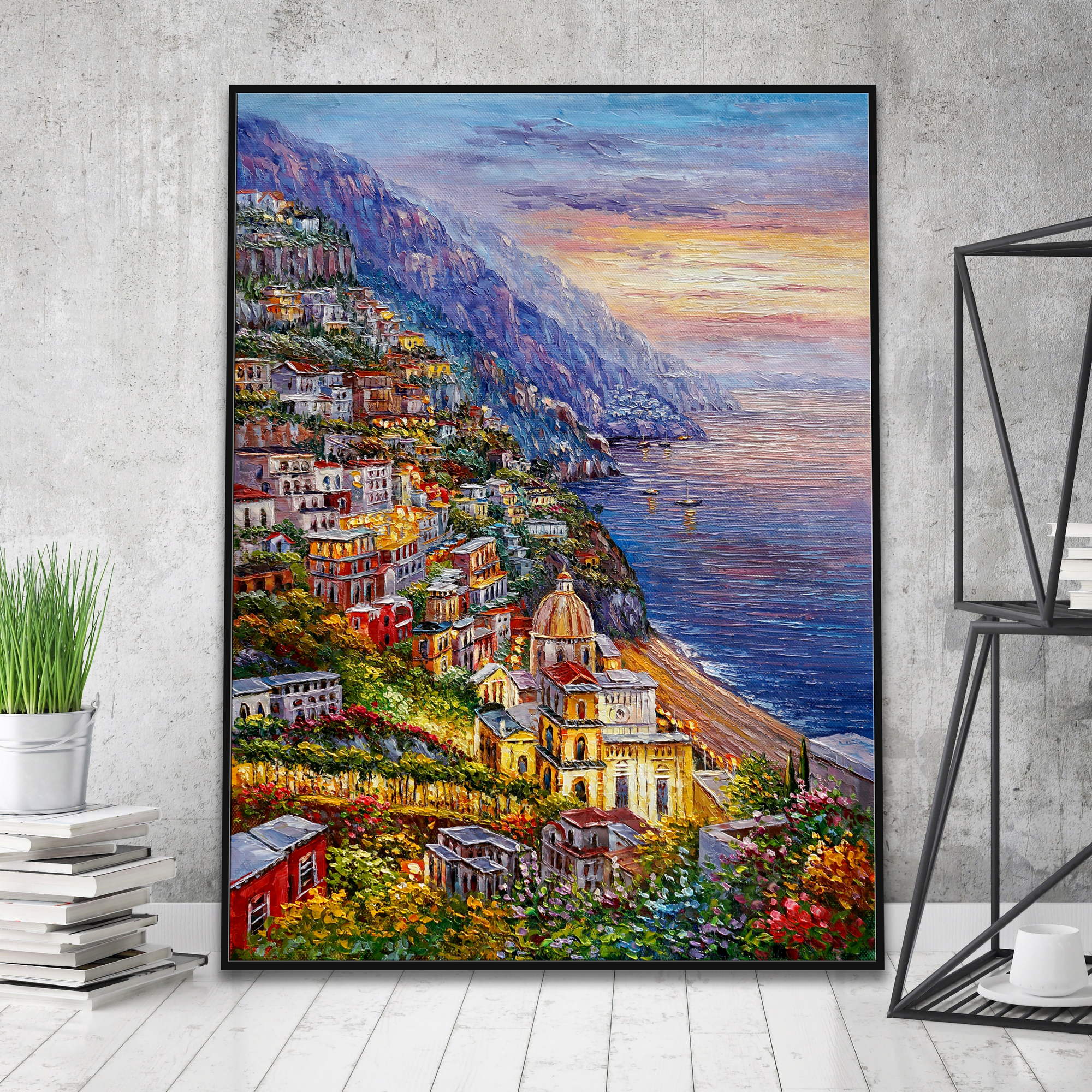 Hand painted View of Positano at sunset 75x100cm