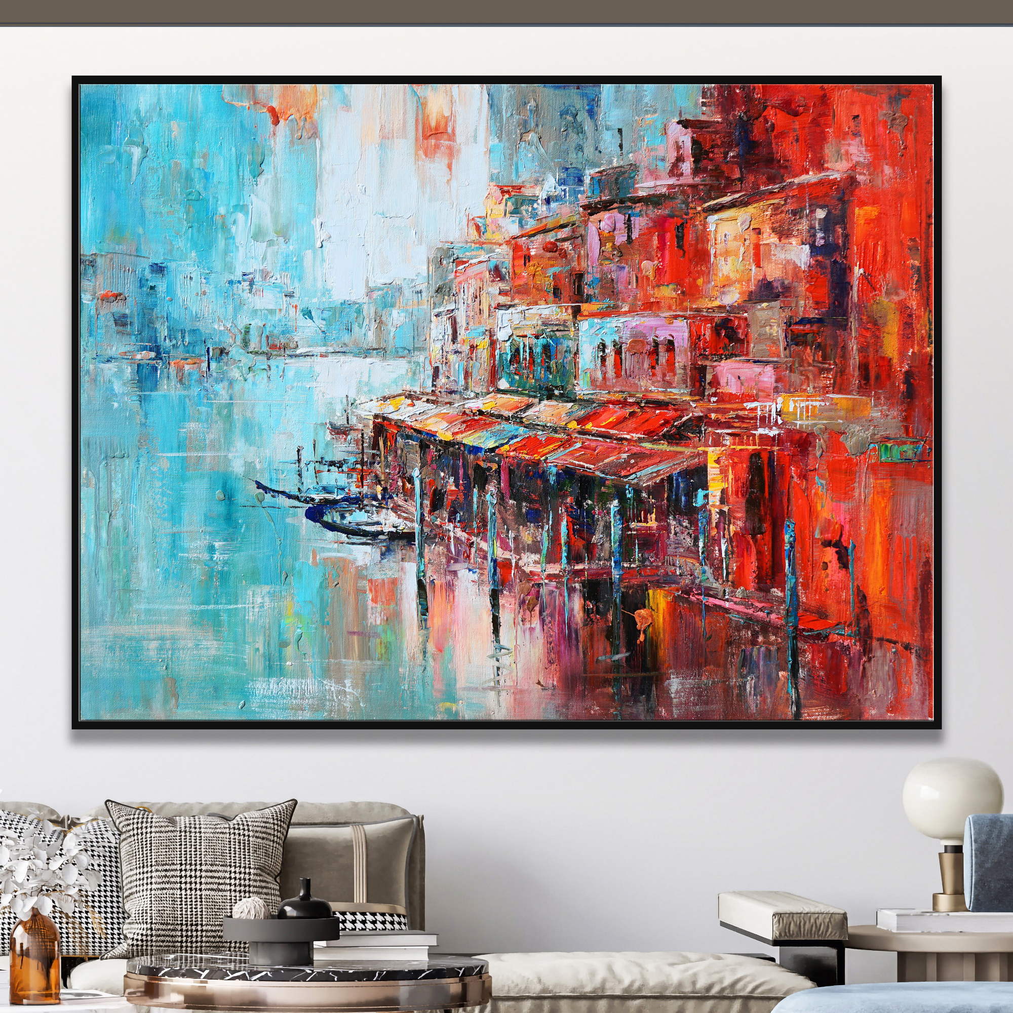 Dipinto astratto di Venezia con gondole sul canale e edifici colorati che si specchiano sull'acqua