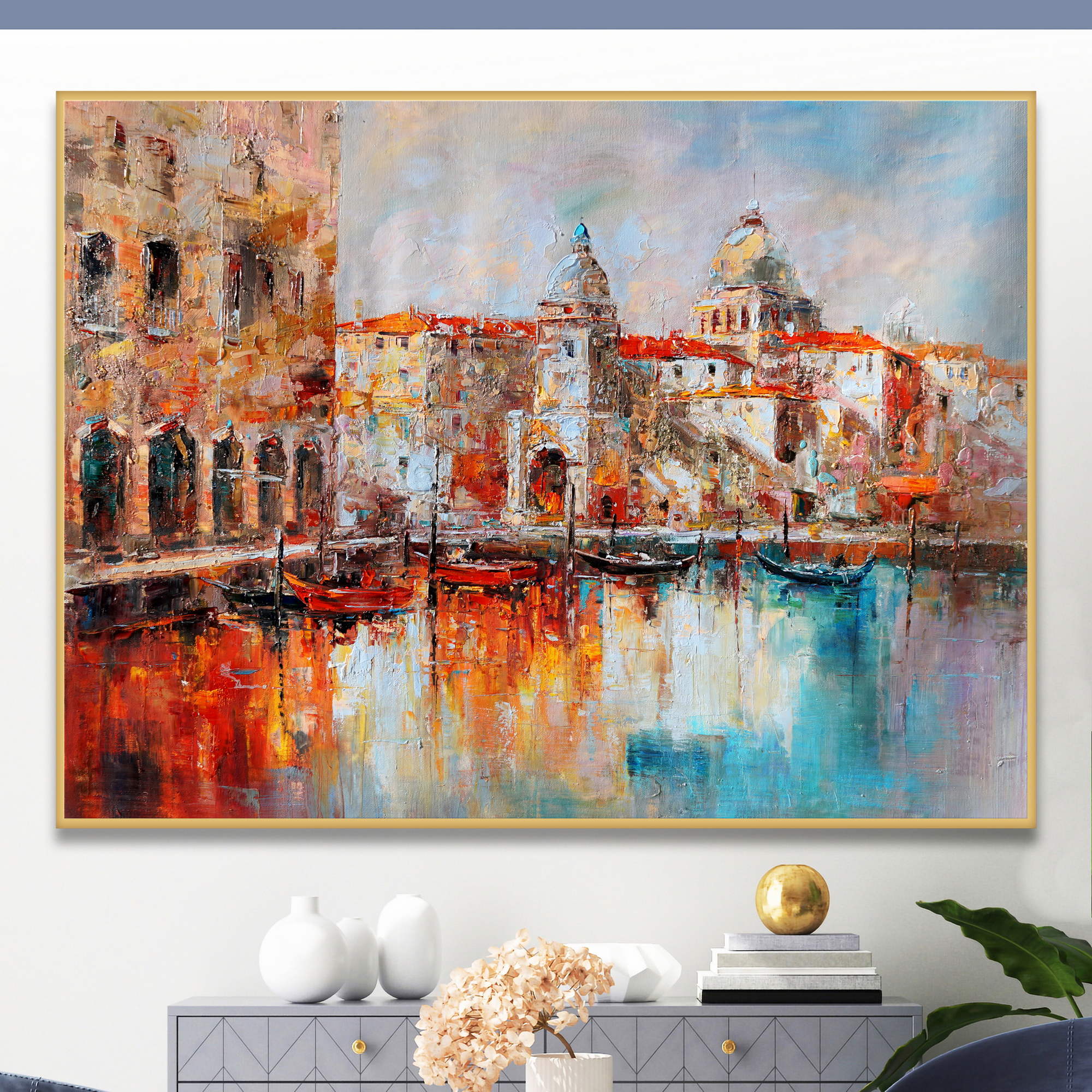 Dipinto asstratto di uno scorcio di Venezia con gondole e edifici storici