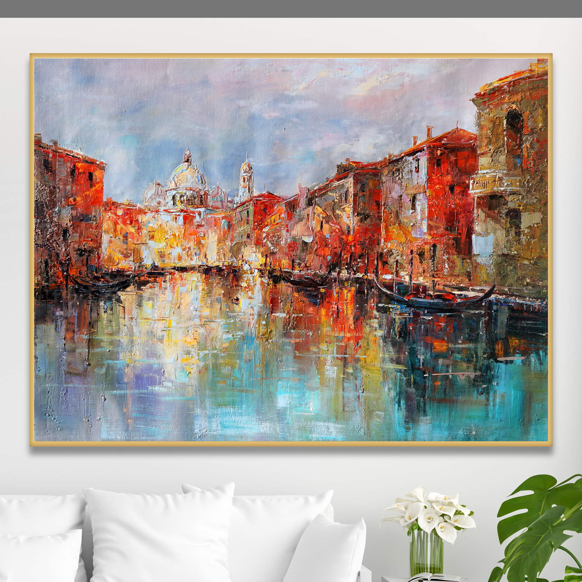 Quadro di un canale veneziano con gondole e riflessi