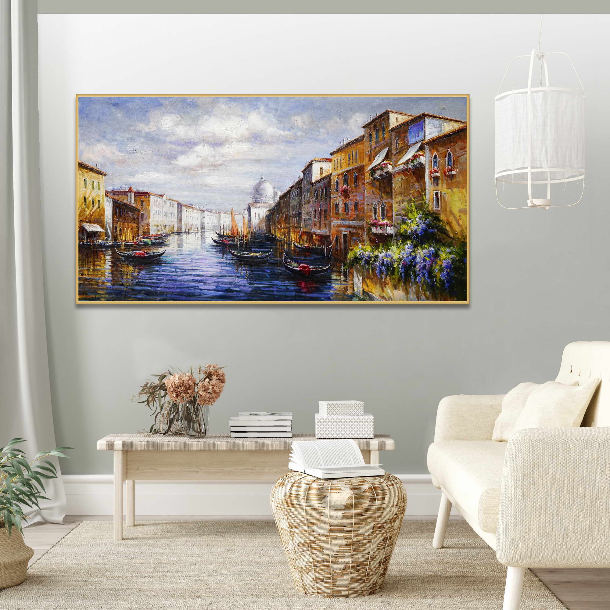 Dipinto a mano Venezia Canal Grande Gondole 75x150cm