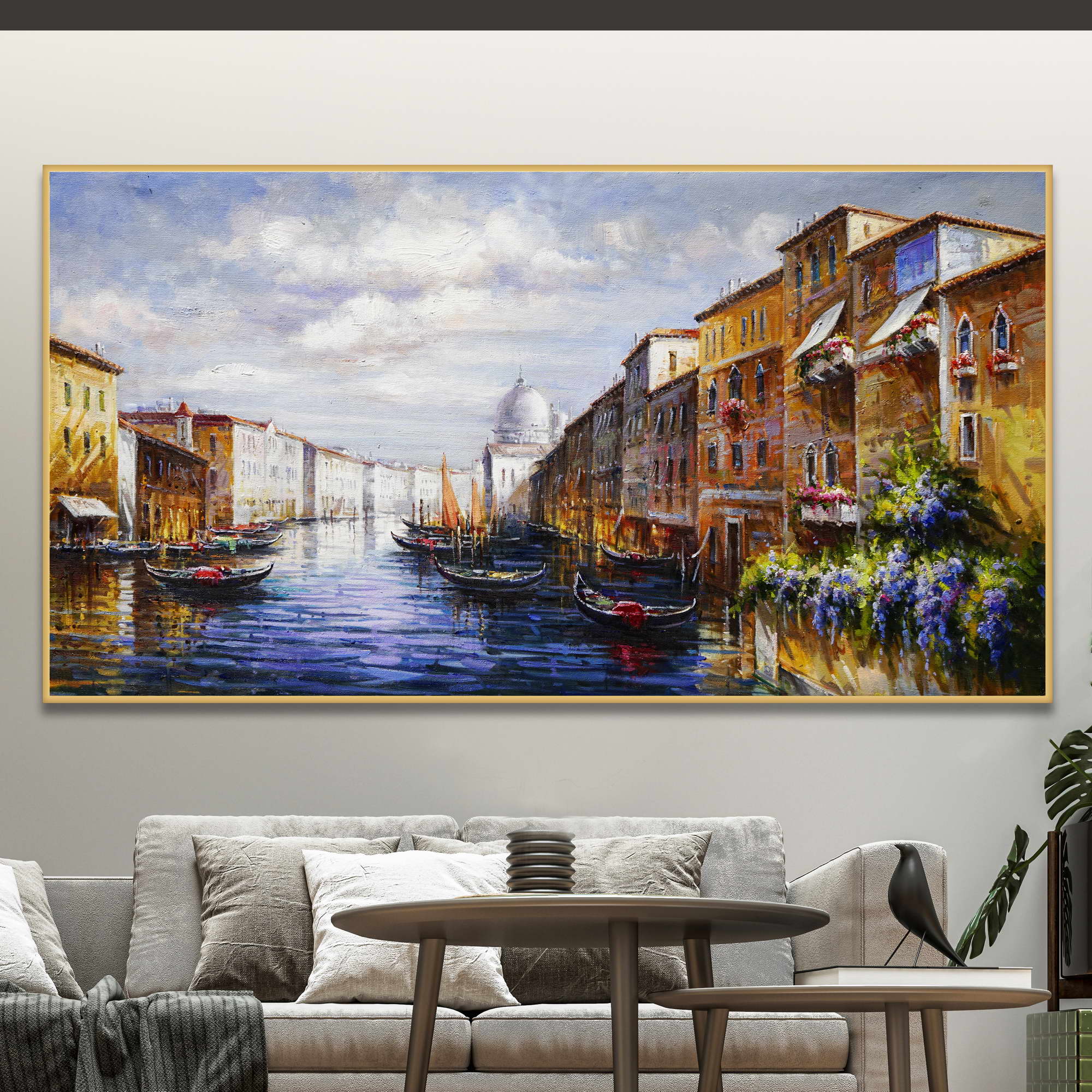 Dipinto del canal Grande a venezia con gondole e edifici storici