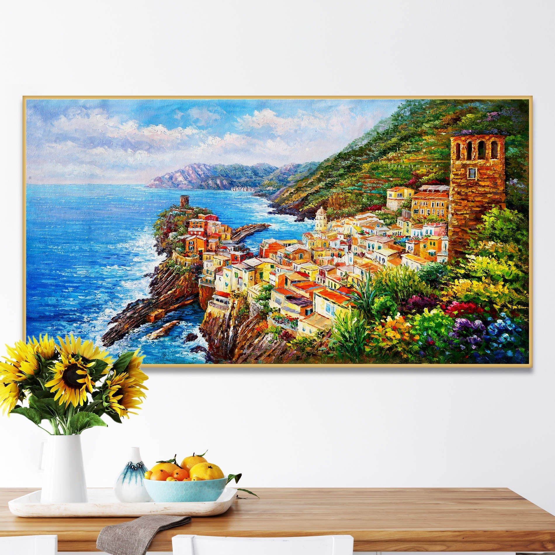 Dipinto di Vernazza nelle Cinque Terre con mare azzurro e vegetazione.